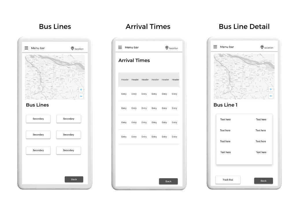 Bus lines page, arrival times page, and bus line detail page