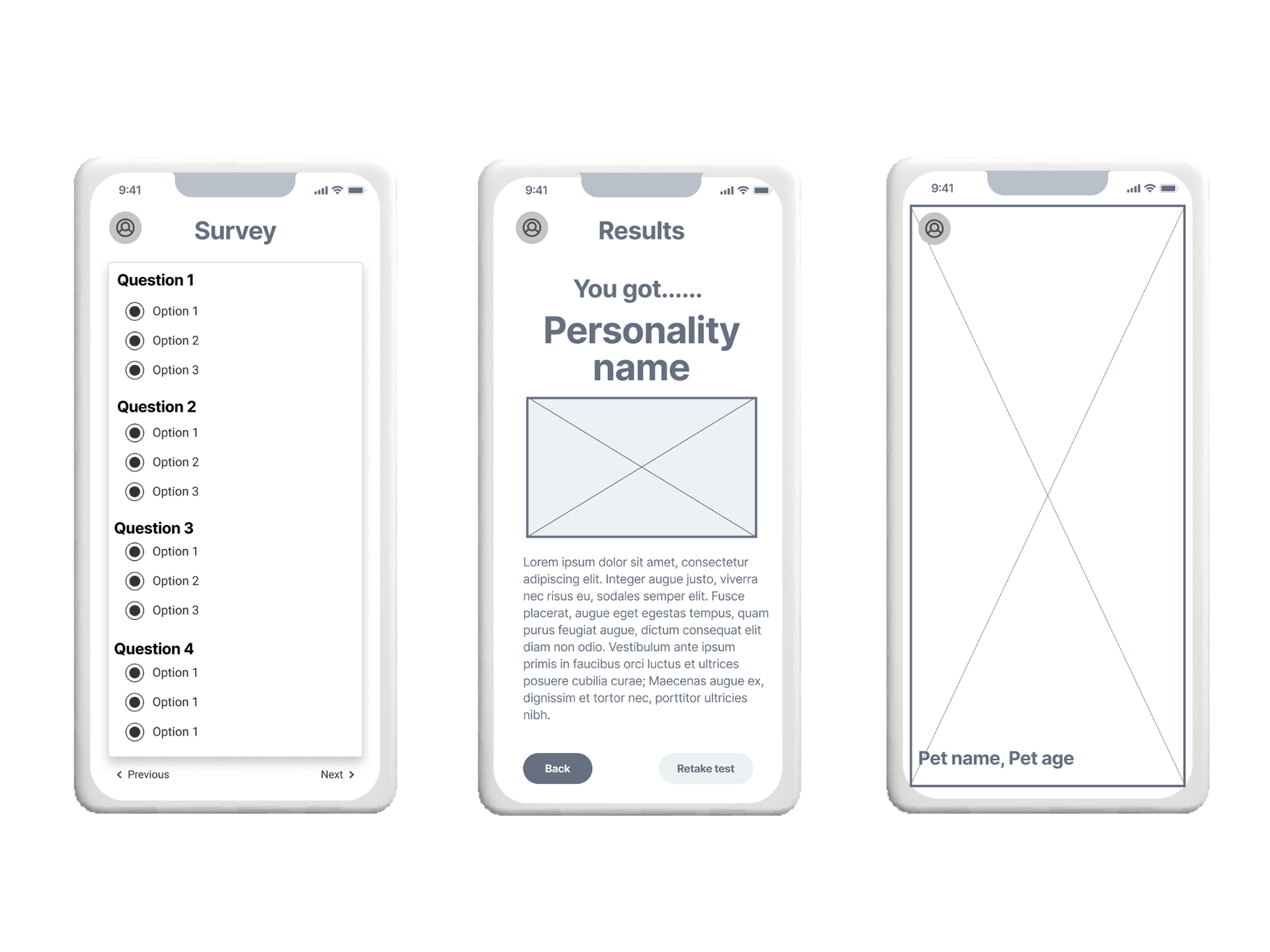 Survey page, survey result page, and swiping page