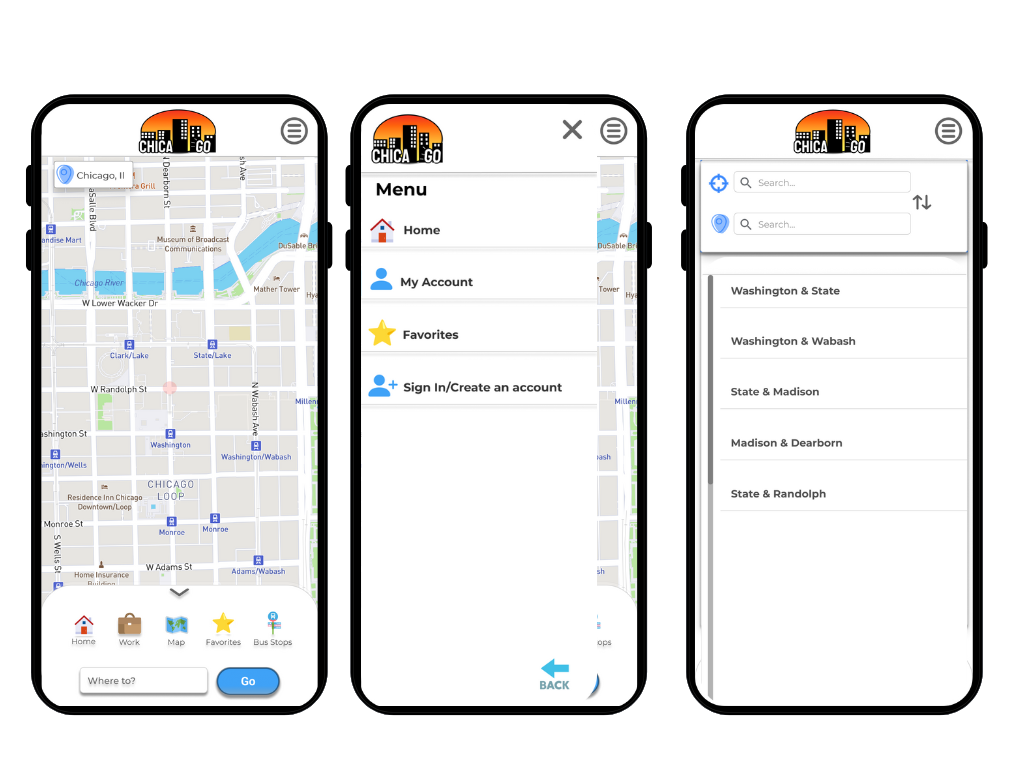 Home screen, slide out navigation, search points