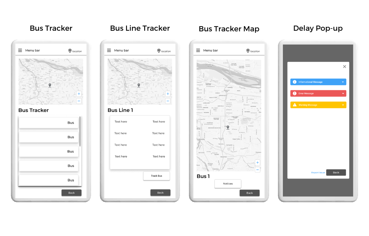 Bus tracker page, bus line tracker page, bus tracker map page, and delay pop-up page