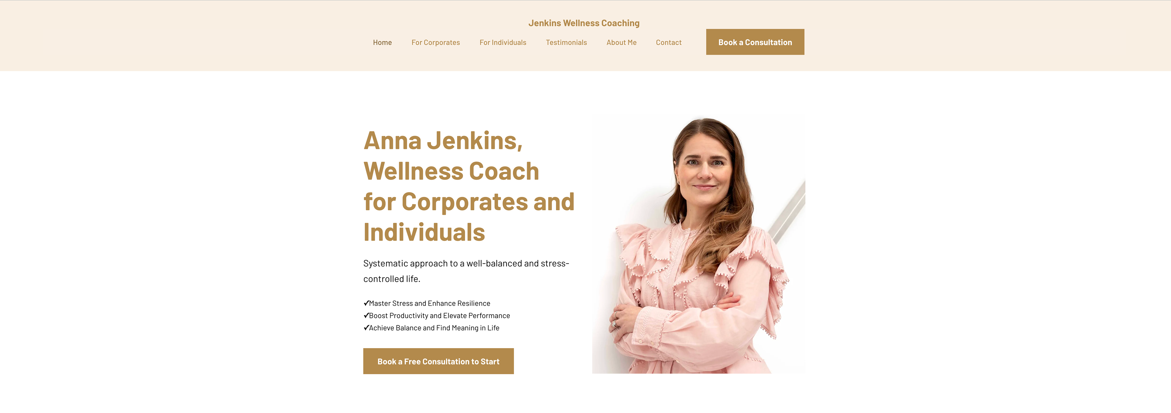 Anna Jenkins, corporate and individual wellness coach, confidently poses in pink blouse on her Jenkins Wellness Coaching website.