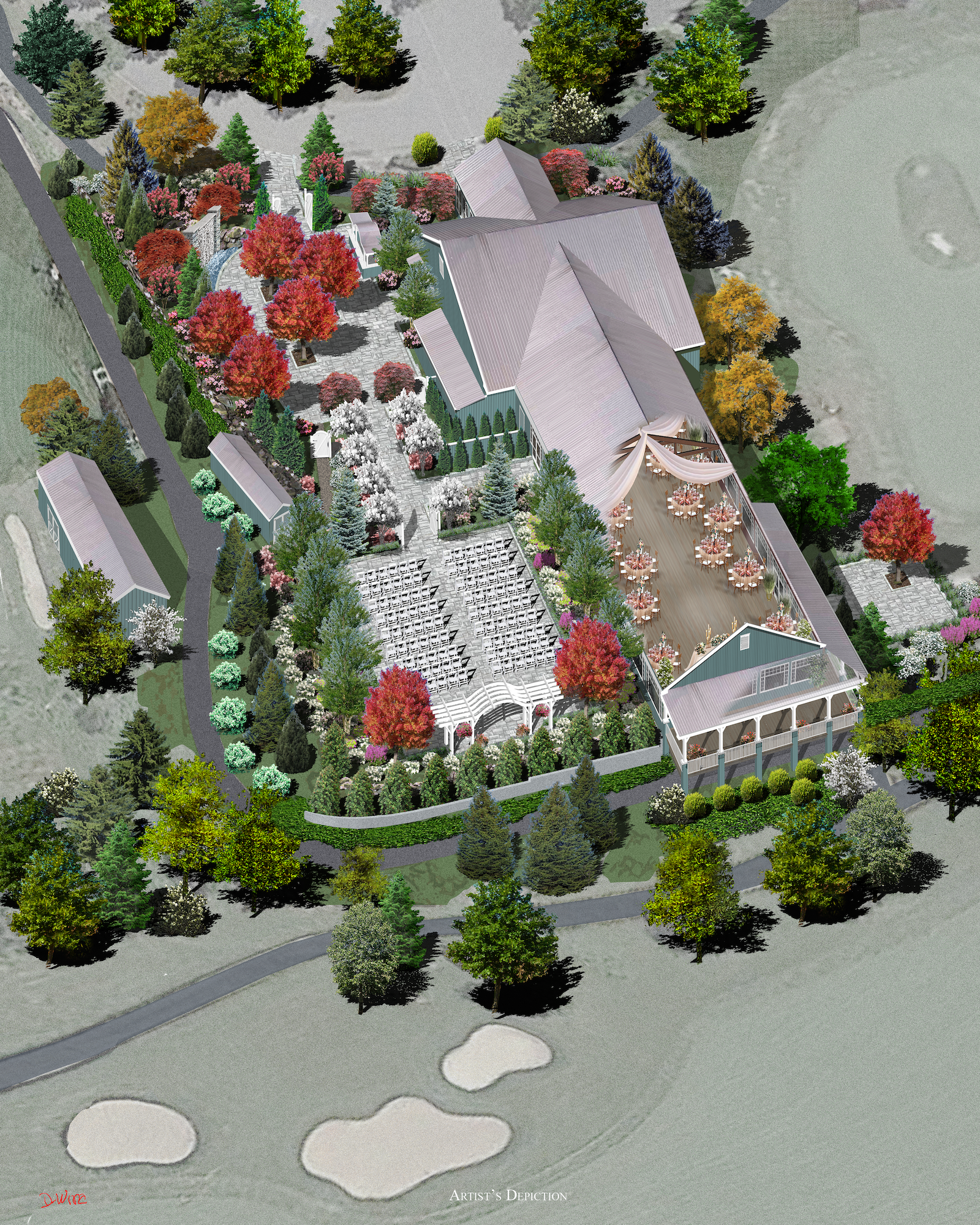 Aerial Site View with cutaway of Reception Hall and Patio