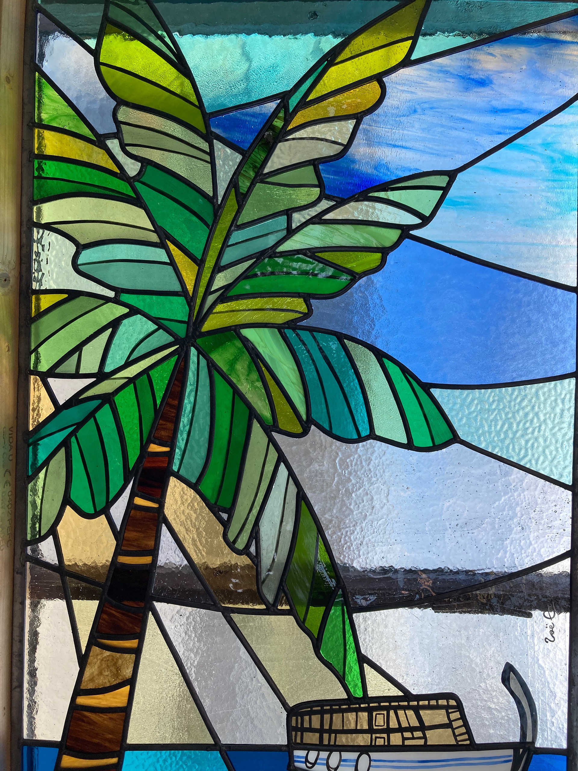 Palm Tree, Sun & Seagulls Leaded Stained Glass Window Panel