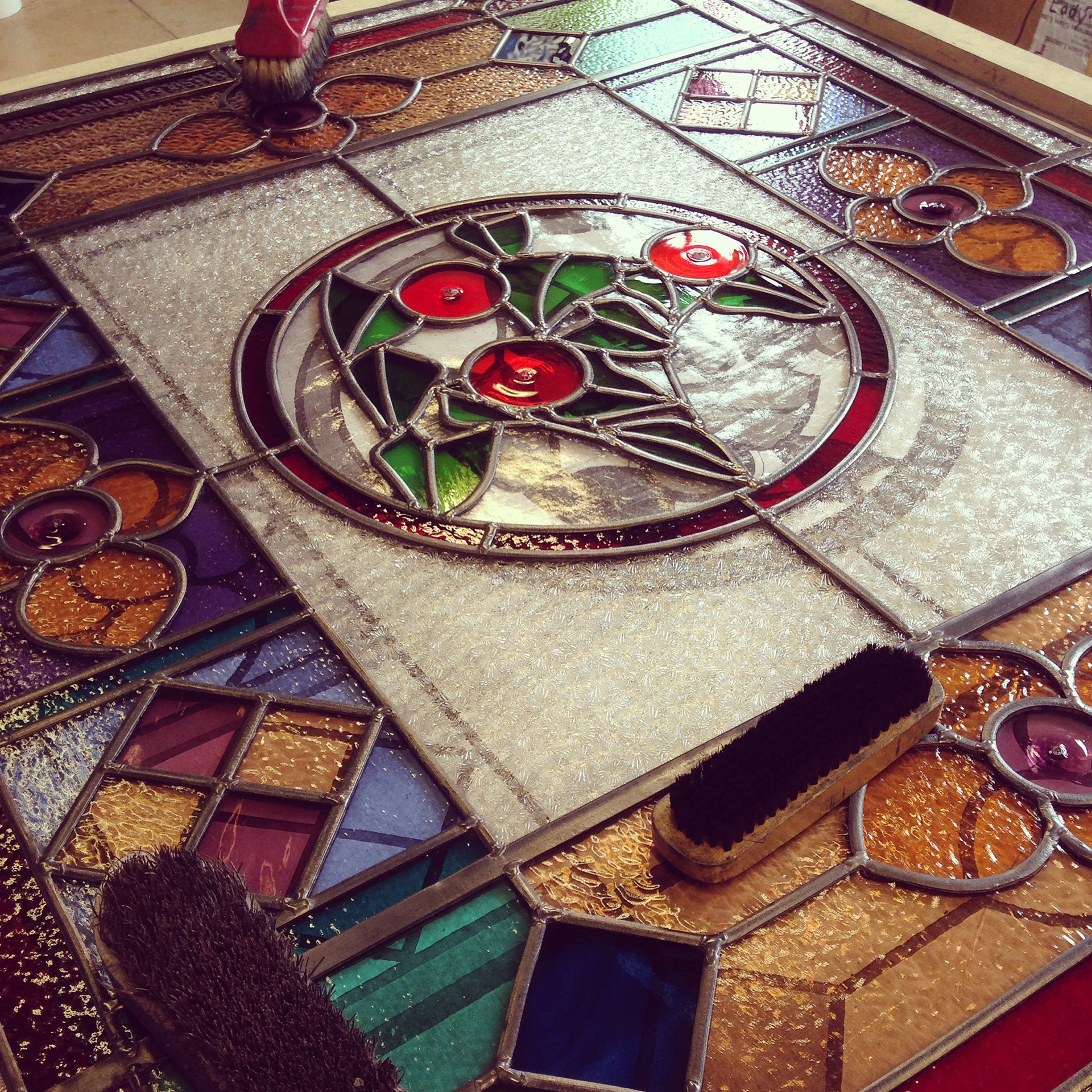 Stained glass victorian panel, Art glass commissioned piece comprising of traditional glass, lead, solder and cement. Made at the Glass Garden Leeds by Zoe Eady who specialises in Stained Glass and Art Glass