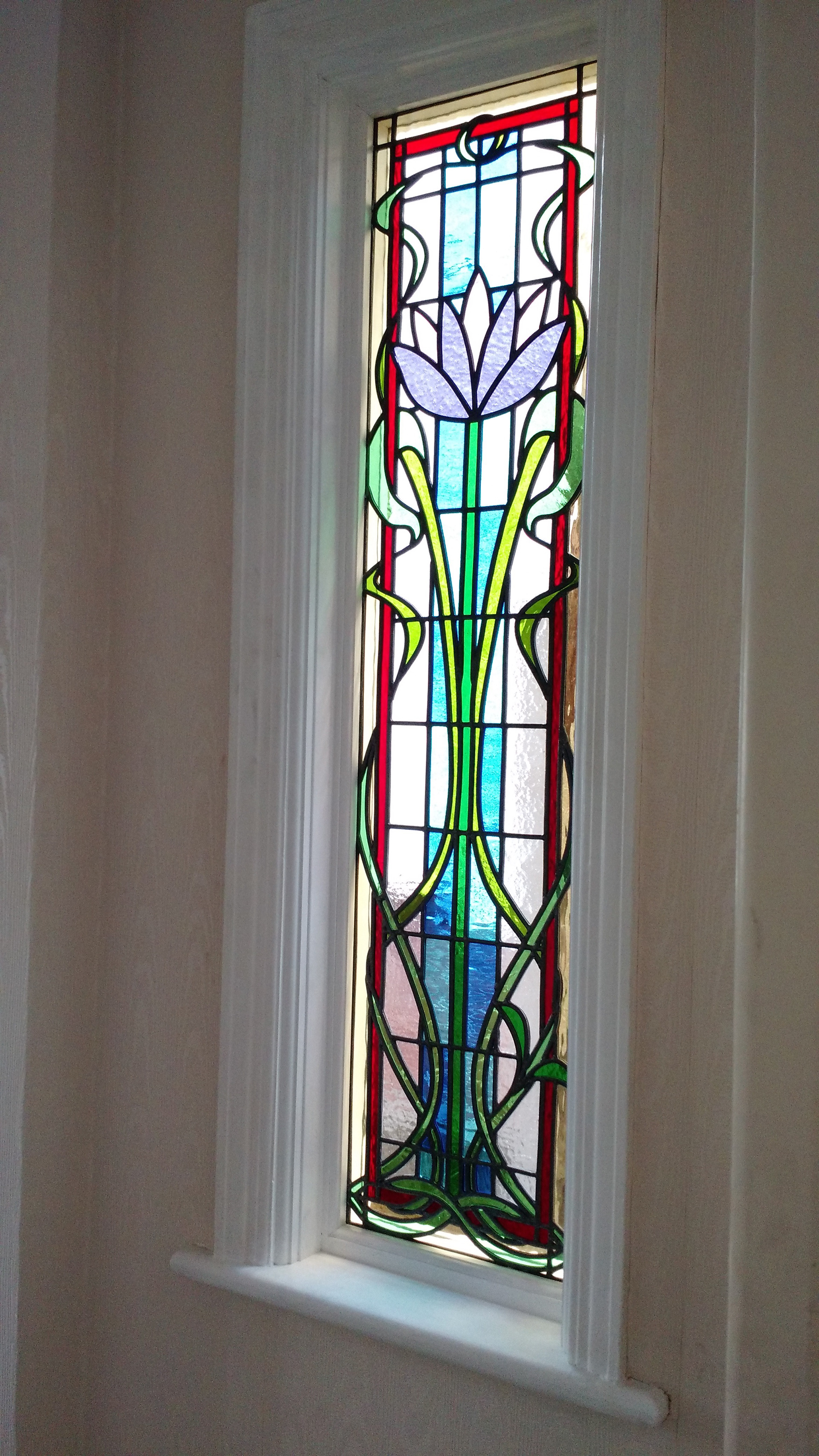 Traditional Stained glass leaded light original Art Nouveau theme by Zoe Eady of The Glass Garden. Compound design - Lotus flowers