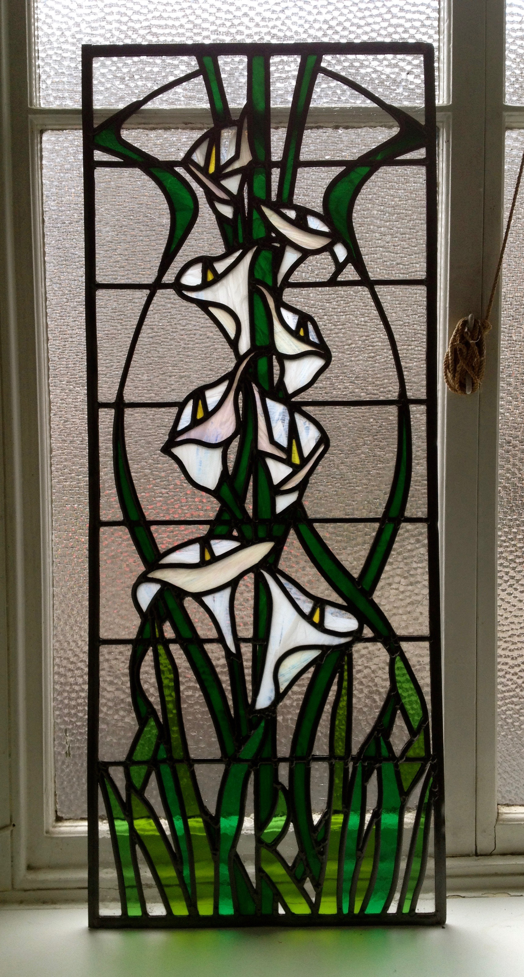 Traditional Stained Glass and art glass panels using Art Nouveau theme by Zoe Eady of The Glass Garden. Calla Lilly and ivy