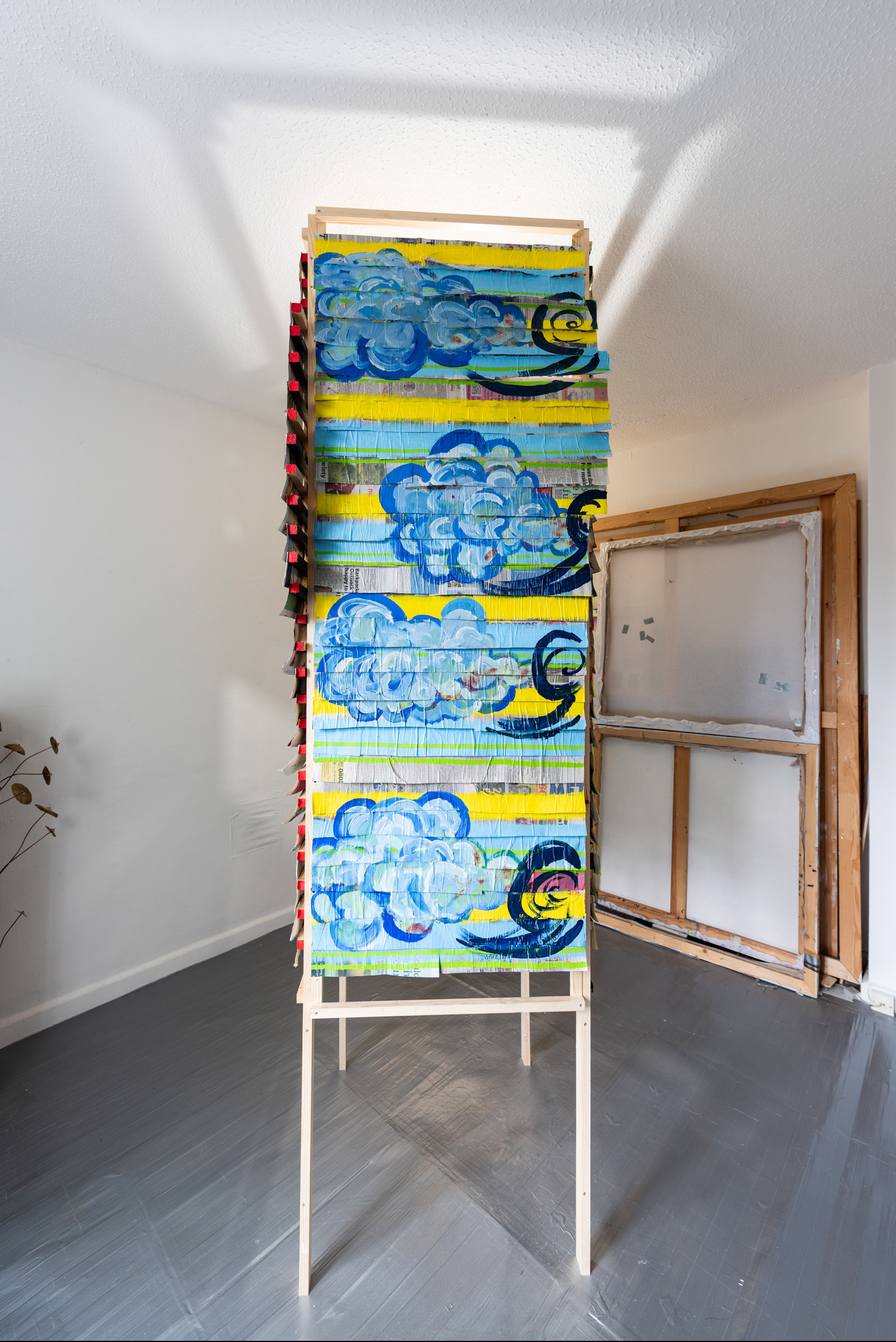 Indianna Solnick - TALKTOME - 2025 - oil on newspaper, wood, encaustic, LED Lights - 80 x 80 x 240cm