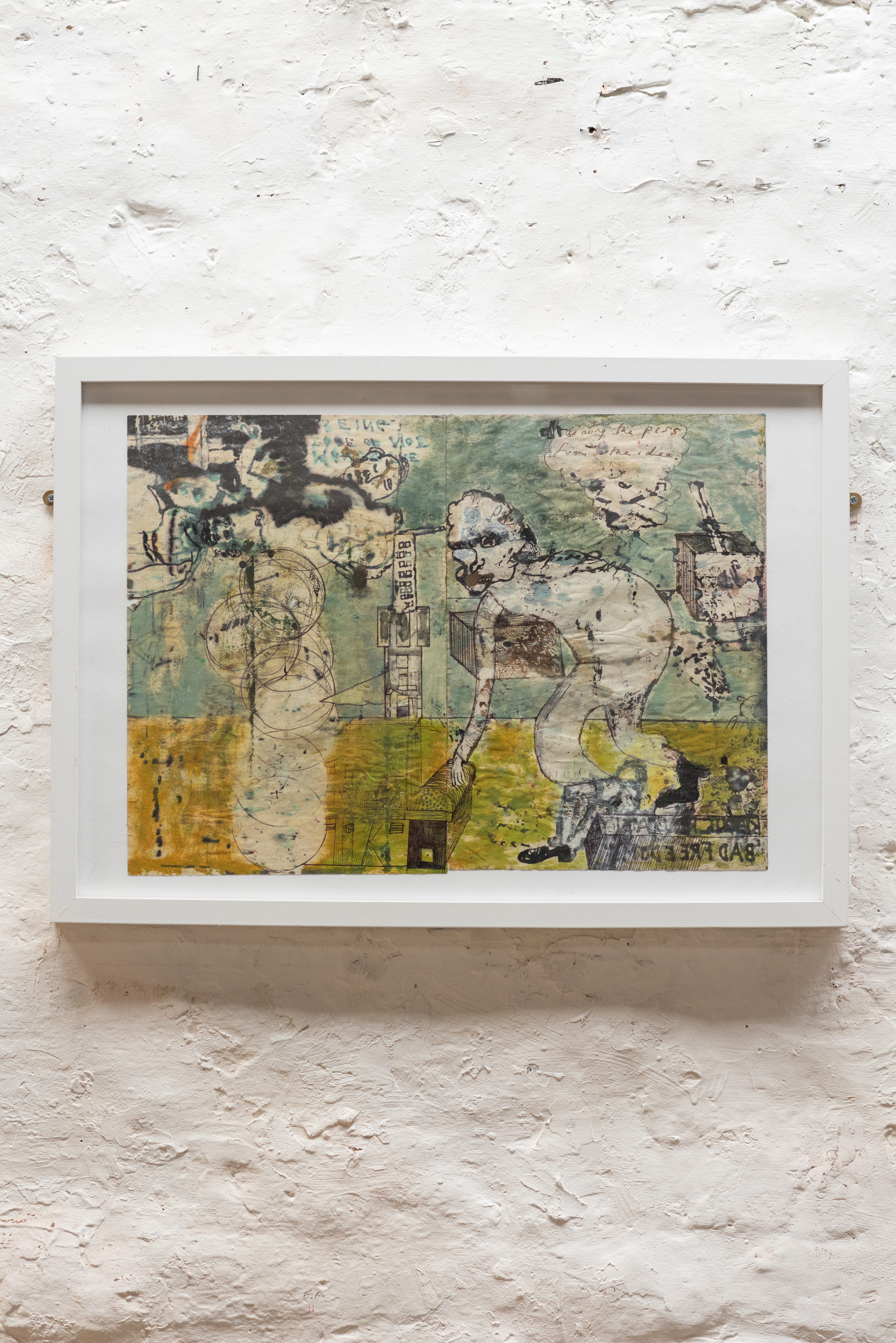 Benjamin Prosser -  Draining the piss from the idea -  (2019) - ink, biro, oil on paper -  36.5 x 50 cm