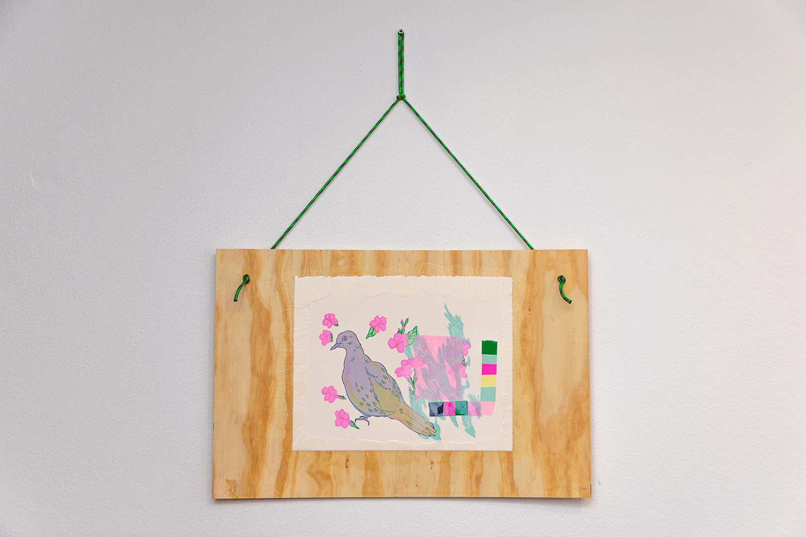 Dove. Screenprint, plywood, modpodge, paracord.