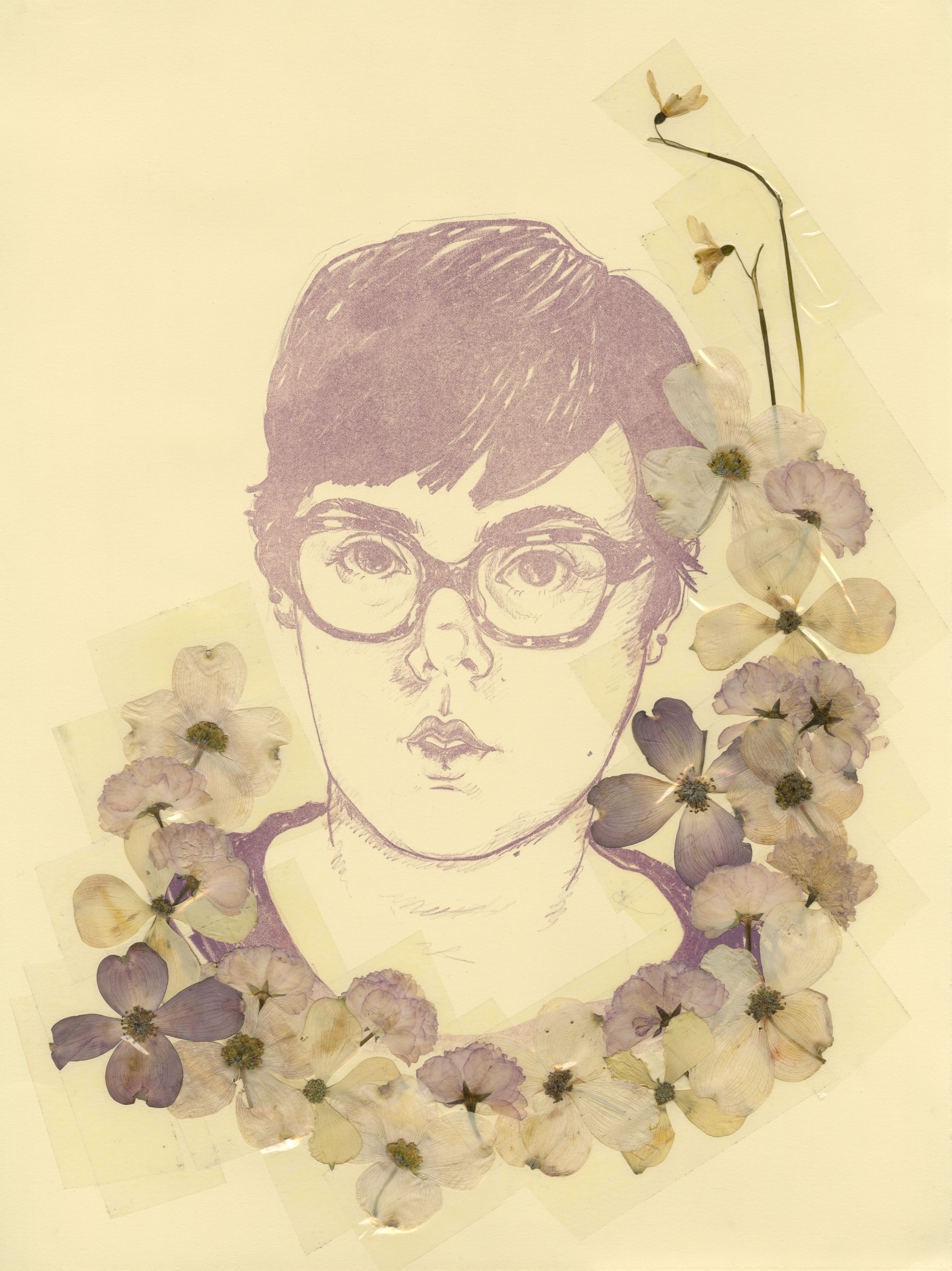 "Self-Portrait", stone lithograph with pressed flowers.