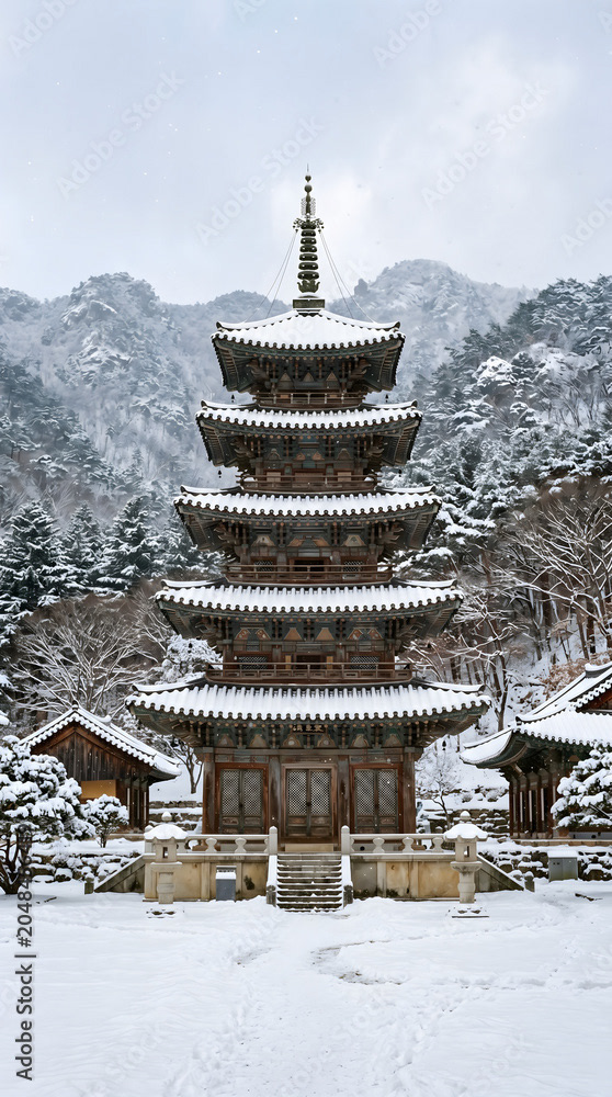 소복소복 눈이 내리는 속리산 겨울 사찰 마당에 우뚝 솟은 웅장한 5층 목조 탑 법주사 팔상전의 은빛 세로 설경