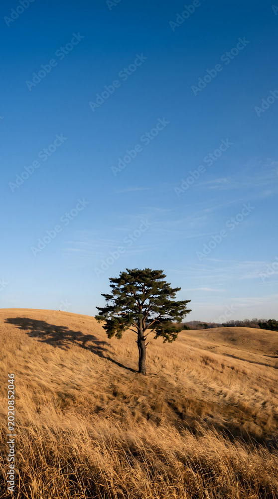 서울 올림픽공원 몽촌토성의 황금빛 가을 들판 위에 홀로 우뚝 솟은 측백나무와 높은 수직적 여백이 돋보이는 미니멀한 모바일 배경화면용 풍경