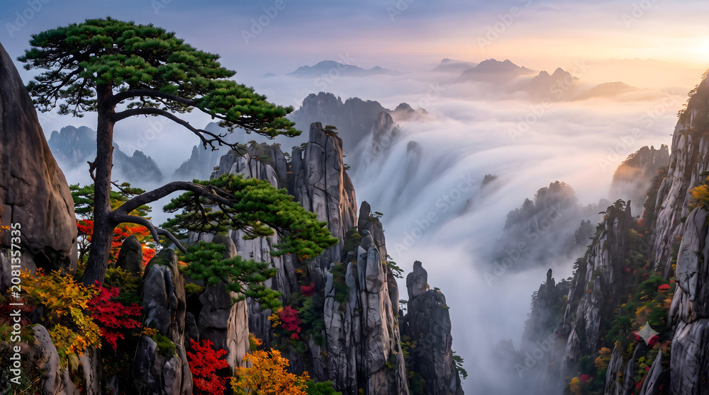 동양의 수묵 산수화를 닮은 고요한 여명 속 중국 황산 시해협곡의 장엄한 가을 운해와 기암괴석 기송 풍경