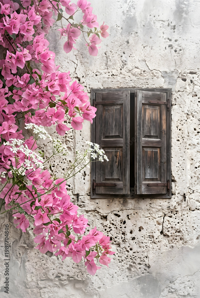 Close-up of Vibrant Pink Bougainvillea Flowers against Weathered White Stone Wall in Traditional Mediterranean Village Old Town Alley