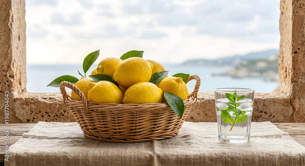 Aesthetic Mediterranean Still Life with Fresh Yellow Lemons and Glass of Water on Rustic Stone Balcony Overlooking Soft Focus Coastline