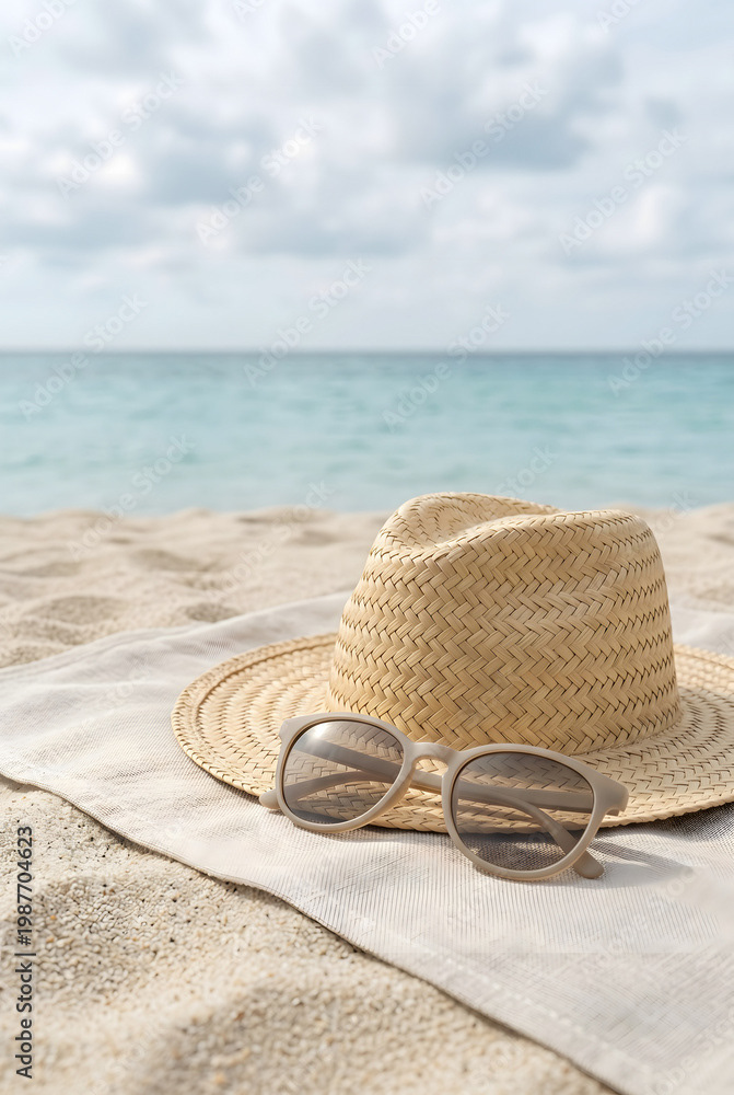 Nostalgic Summer Seaside Aesthetic with a Pair of Generic Sunglasses and a Straw Hat on a Light Sand Beach under Overcast Sky