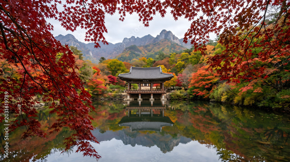 흐드러지게 핀 가을 붉은 단풍나무 가지 사이로 바라본 장성 백양사 쌍계루와 백암산의 조화로운 풍경