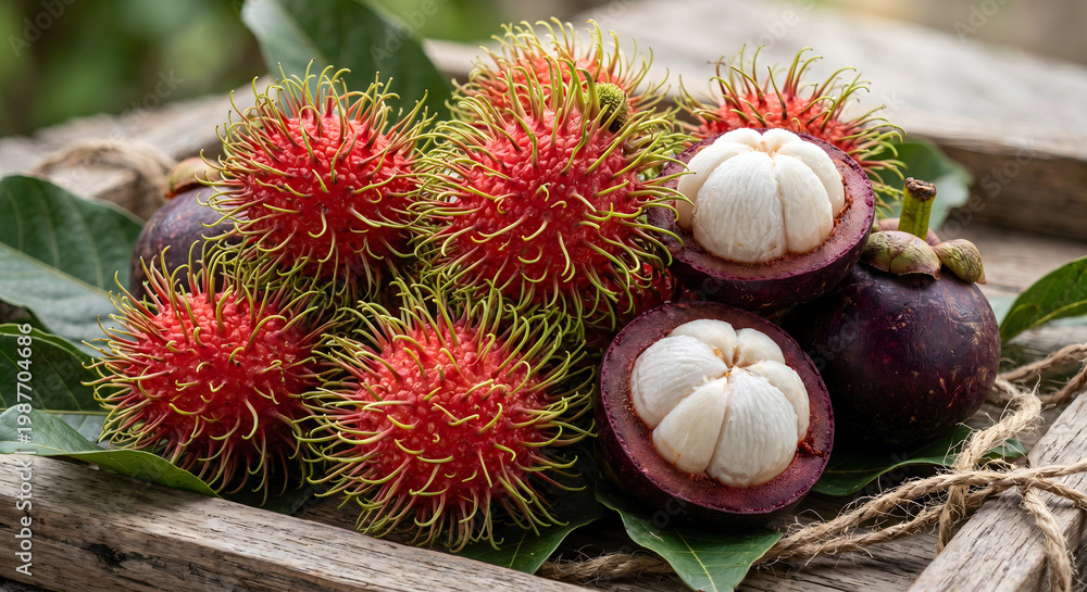 Vibrant Exotic Tropical Fruit Texture of Red Rambutan and Purple Mangosteen in Soft Diffused Daylight Southeast Asia Summer Vibe