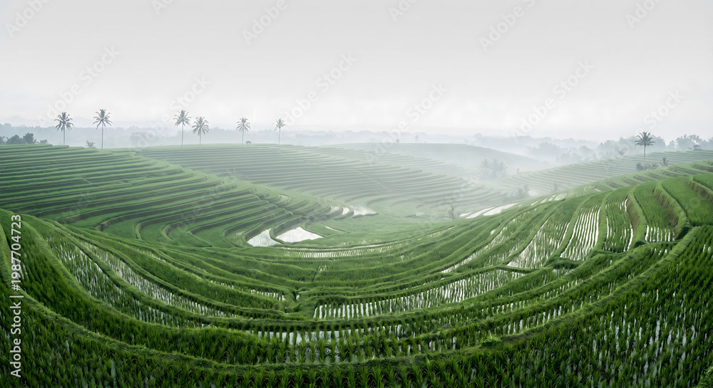 Serene Emerald Green Terraced Rice Fields Landscape in Bali Indonesia under Overcast Spring Sky with Soft Morning Mist