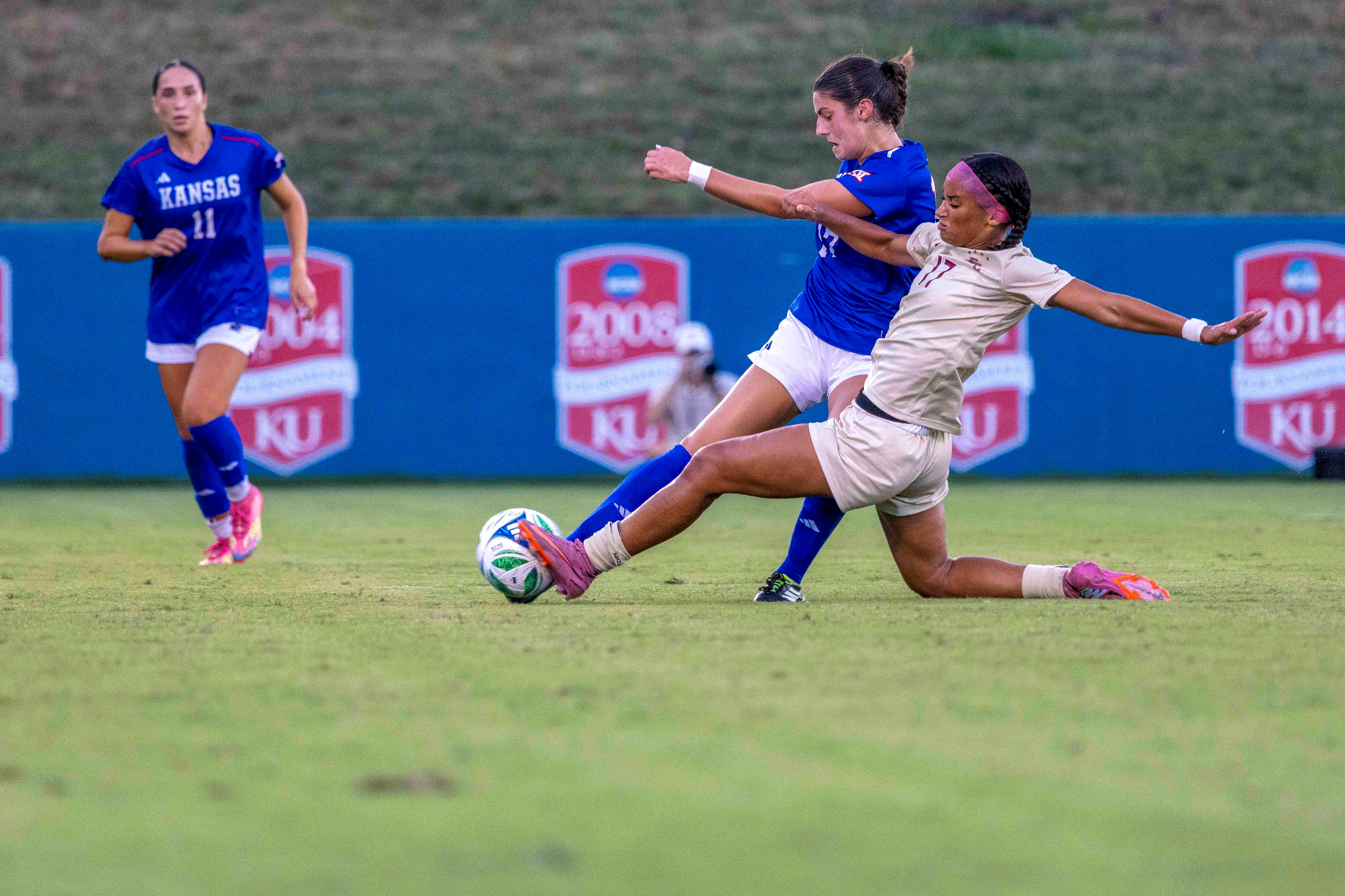 KU junior Emily Tobin moves the ball downfield while being defended by Florida State's Mimi Van Zanten during the Jayhawks' match on Thursday, Aug. 28, 2025, at Rock Chalk Park in Lawrence, Kan.