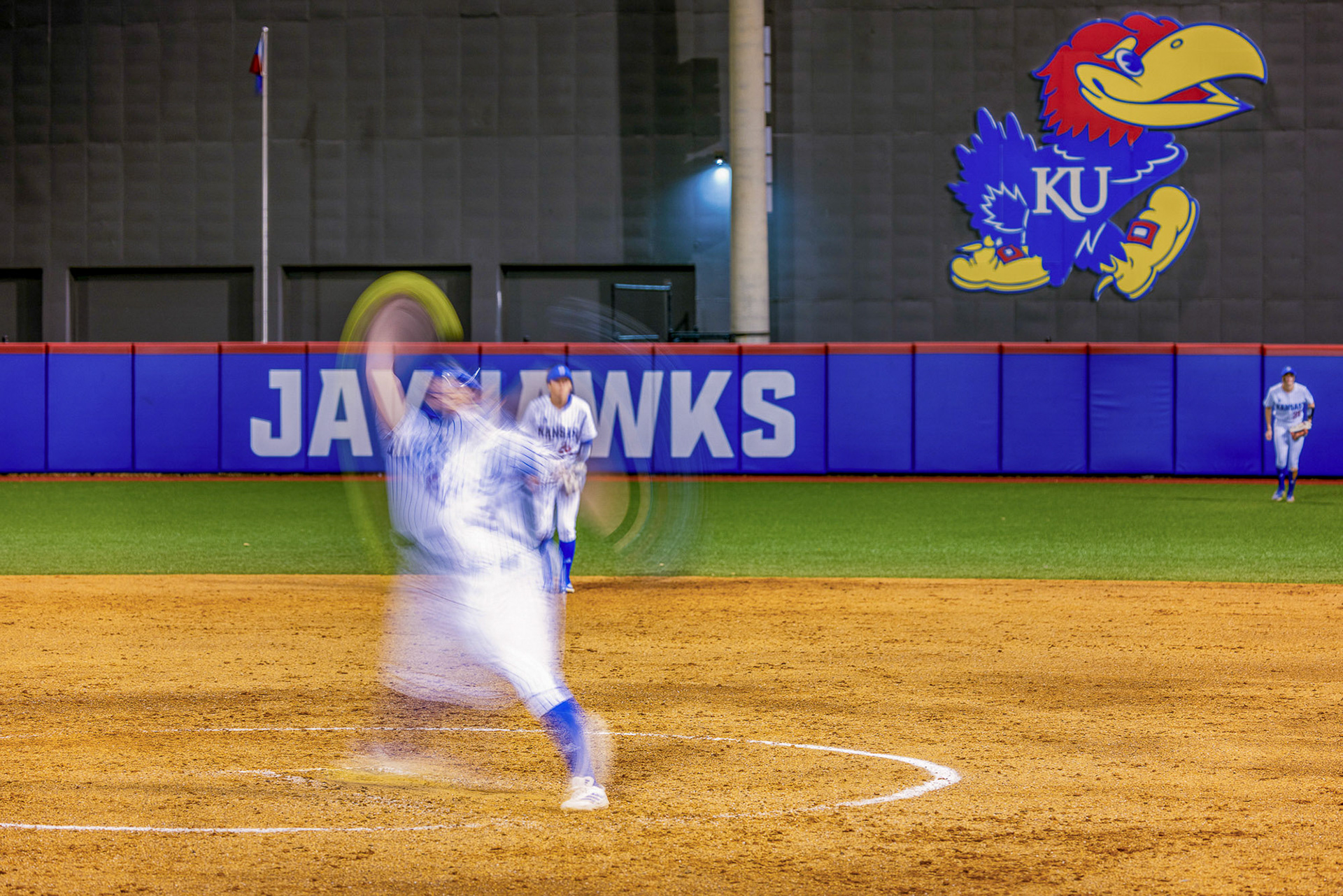 KU freshman Kennedy Diggs delivers a pitch to an Omaha batter during the second game of the Jayhawks' double header on Thursday, March 13 ,2025, at Arrocha Ballpark in Lawrence, Kan.