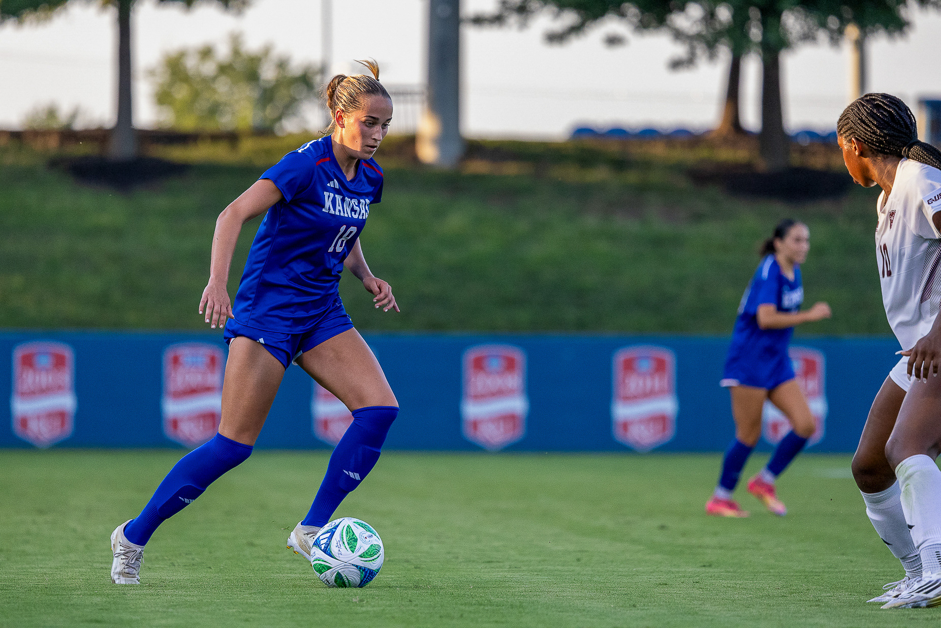 KU senior Lexi Watts looks for her next move during the Jayhawks' match agaisnt Missouri State on Thursday, Aug. 14, 2025, at Rock Chalk Park in Lawrence, Kan.