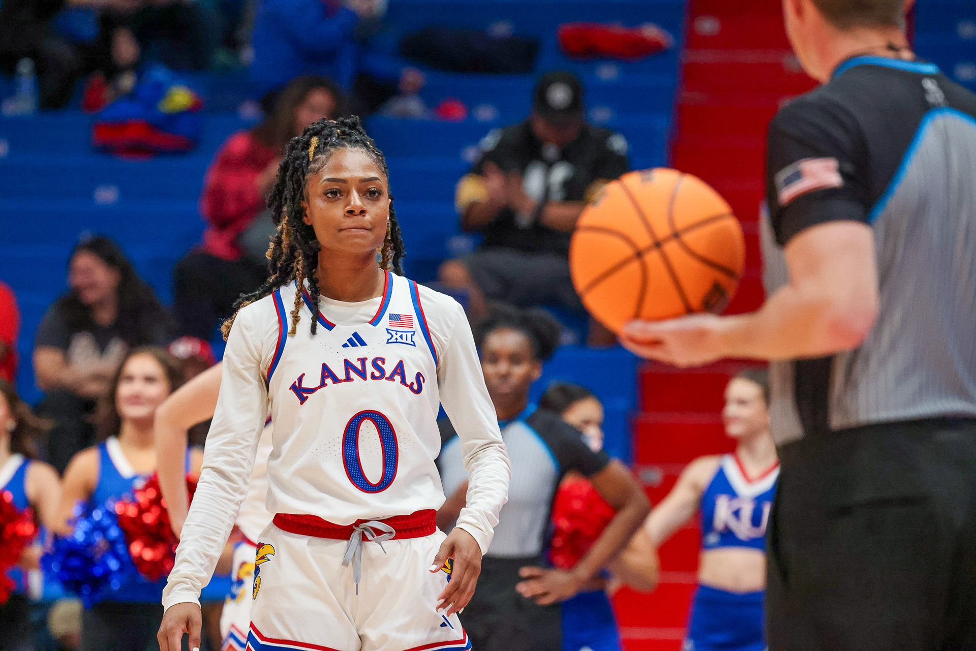 Kansas guard Wyvette Mayberry waits for play to resume during the Jayhawks' game against North Alabama on Sunday, Nov. 17, 2024, in Lawrence, Kan.