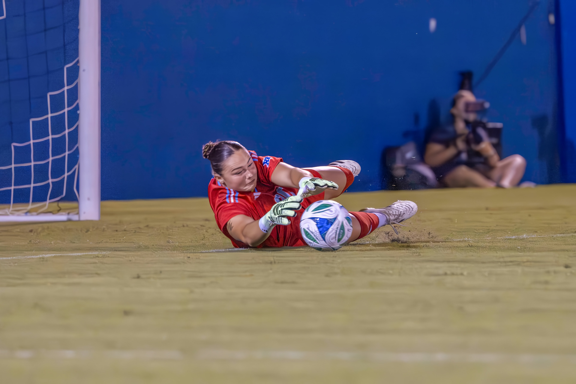 KU goalkeeper Sophie Dawe dives to save a Florida State shot during the Jayhawks' match on Thursday, Aug. 28, 2025, at Rock Chalk Park in Lawrence, Kan.