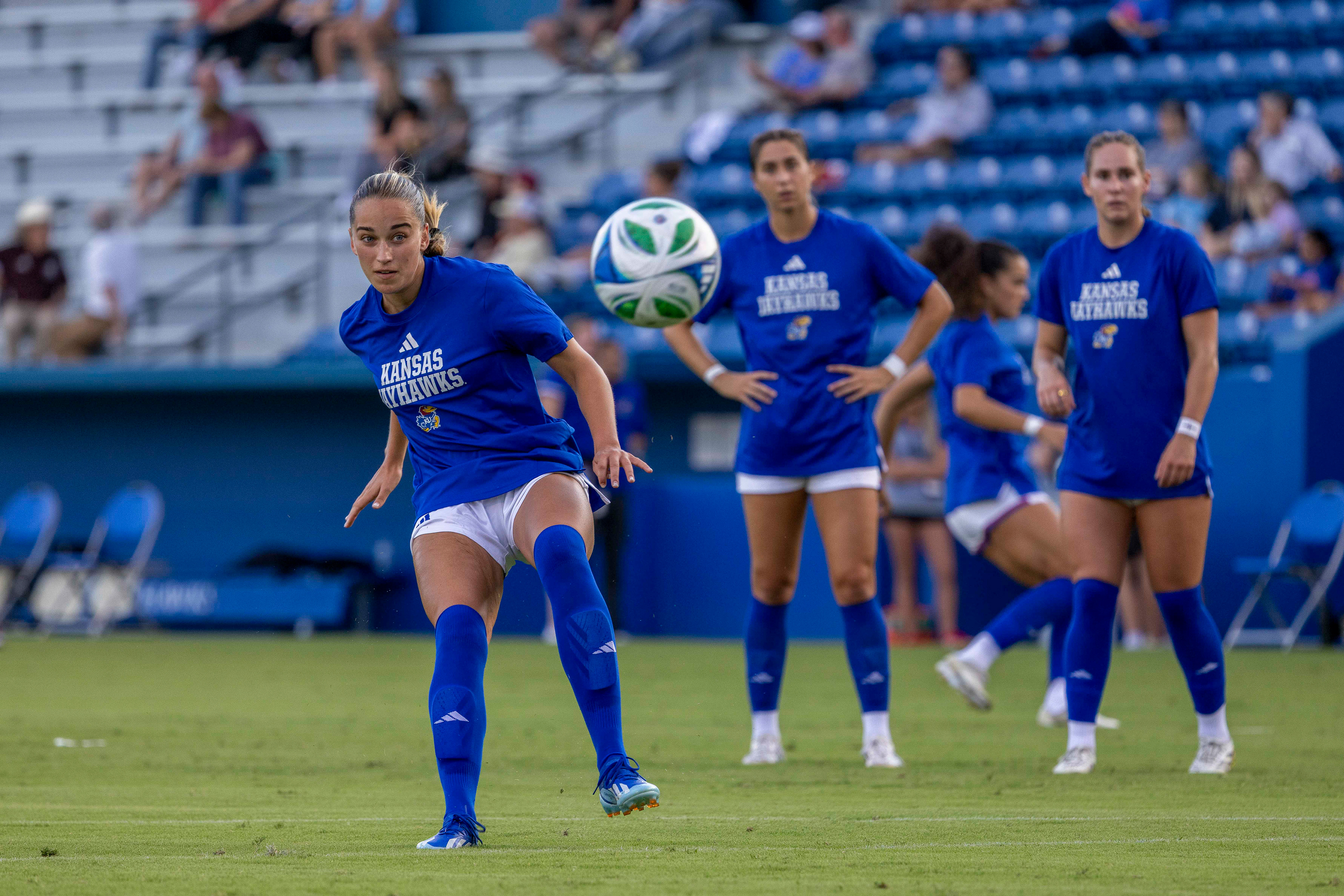 KU forward Lexi Watts shoots during warmups prior to the Jayhawks' match against Florida State on Thursday, Aug. 28, 2025, at Rock Chalk Park in Lawrence, Kan.