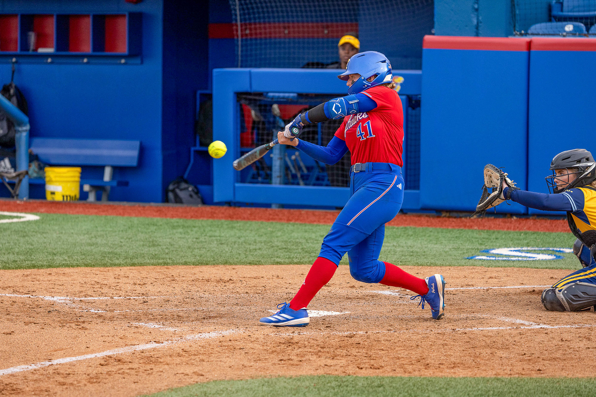 KU junior Hailey Cripe lines her barrel up to hit her second home run of the game against Kansas City on Wednesday, April 2, 2025, at Arrocha Ballpark in Lawrence, Kan.