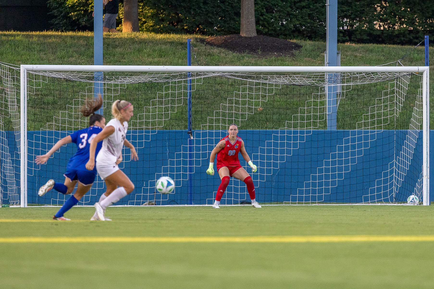 Ku redshirt-sophomore Sophie Dawe holds her position during a Missouri State scoring opportunity during the Jayhawks' match on Thursday, Aug. 14, 2025, at Rock Chalk Park in Lawrence, Kan.