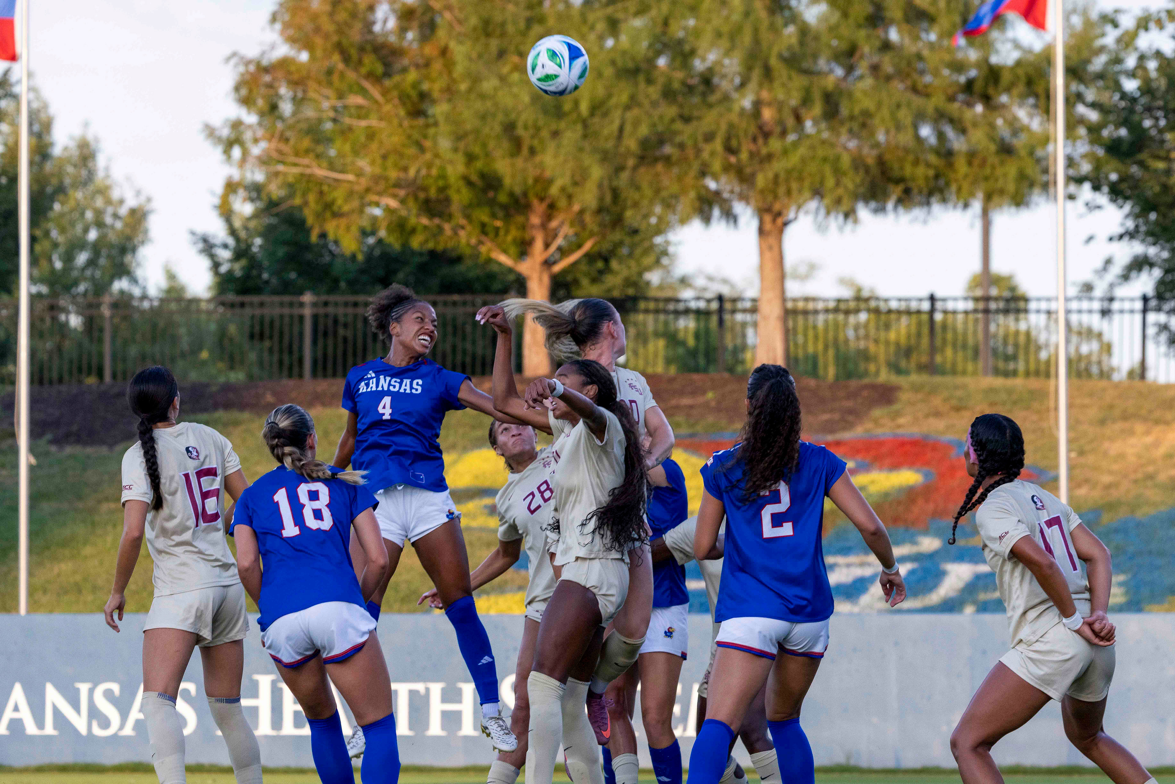 KU forward Saige Wimes (4) heads a ball towards the goal during the Jayhawks' match against Florida State on Thursday, Aug. 28, 2025, at Rock Chalk Park in Lawrence, Kan.