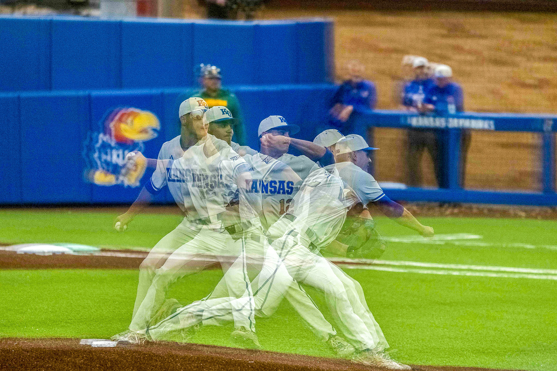 A multiple exposure of KU pitcher Dominic Voegele during his start against Baylor on Friday, March 14, 2025, at Hoglund Ballpark in Lawrence, Kan.