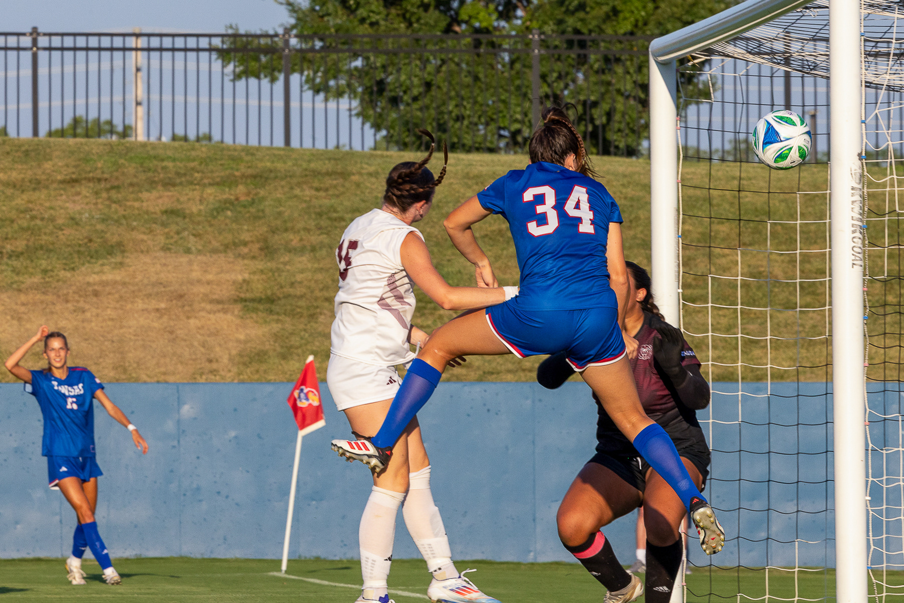 KU sophomore Jillian Gregorski heads a pass into the goal for the Jayhawks' first goal of the match against Missouri State on Thursday, Aug 14, 2025, at Rock Chalk Park in Lawrence, Kan.