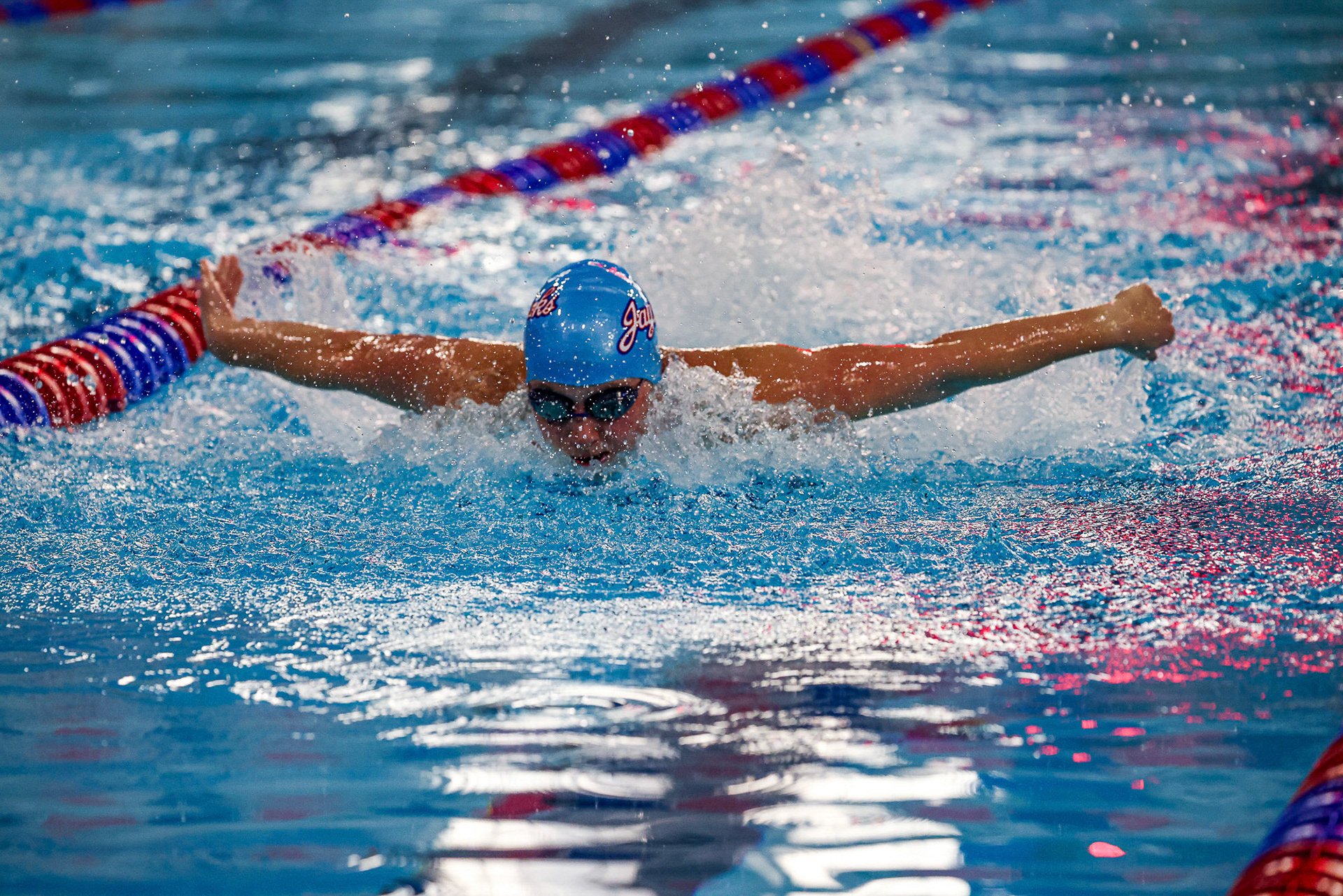 KU junior swimmer Hailey Farrell competes in the first heat of the 400 individual Medley race against South Dakota on Friday, Oct. 26, 2024, at the Robinson Natatorium in Lawrence, Kan.