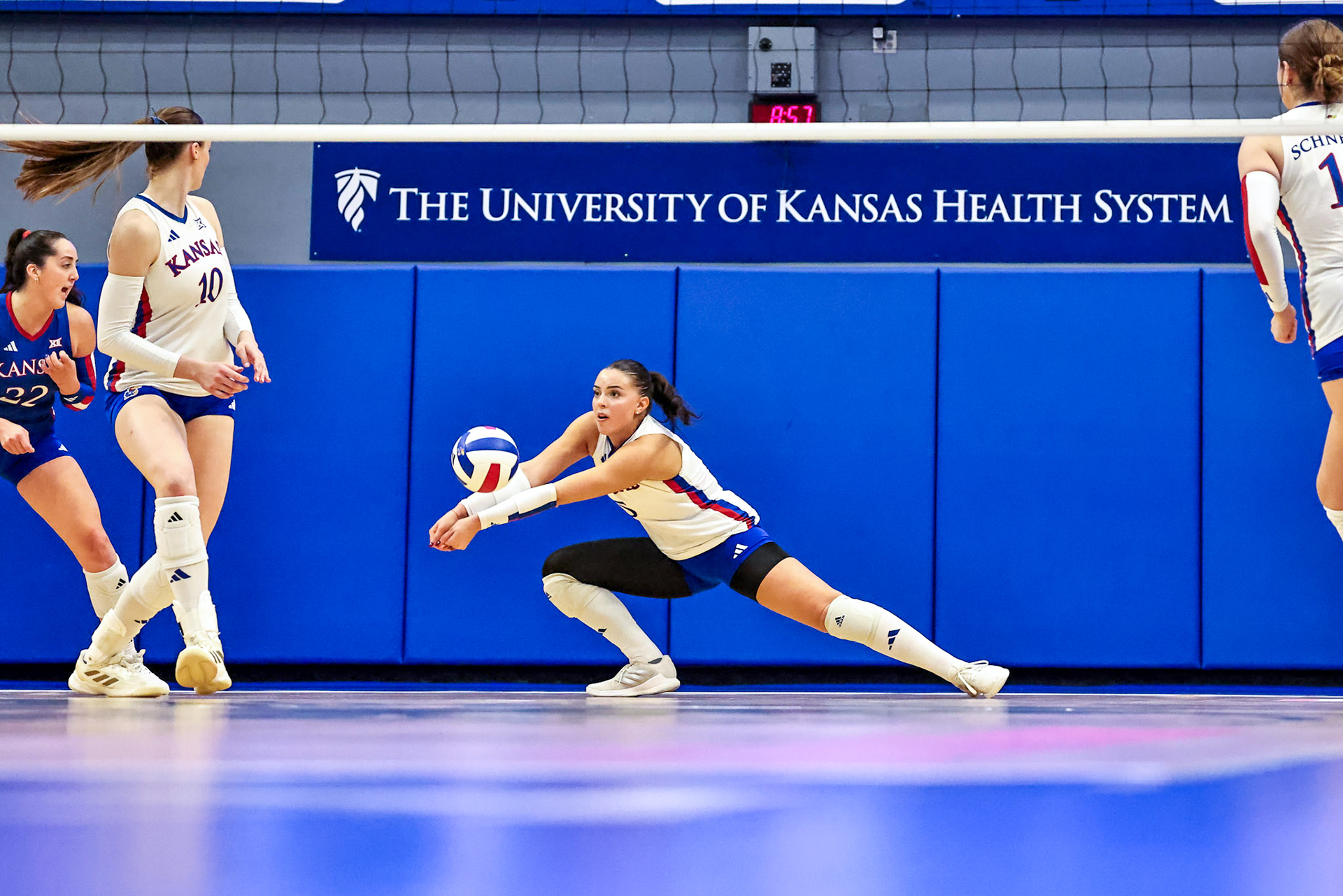 KU freshman Selena Leban digs a ball during the Jayhawks' match against Arizona State on Friday, Sept. 26, 2025, at the Horesji Family Volleyball Arena in Lawrence, Kan.