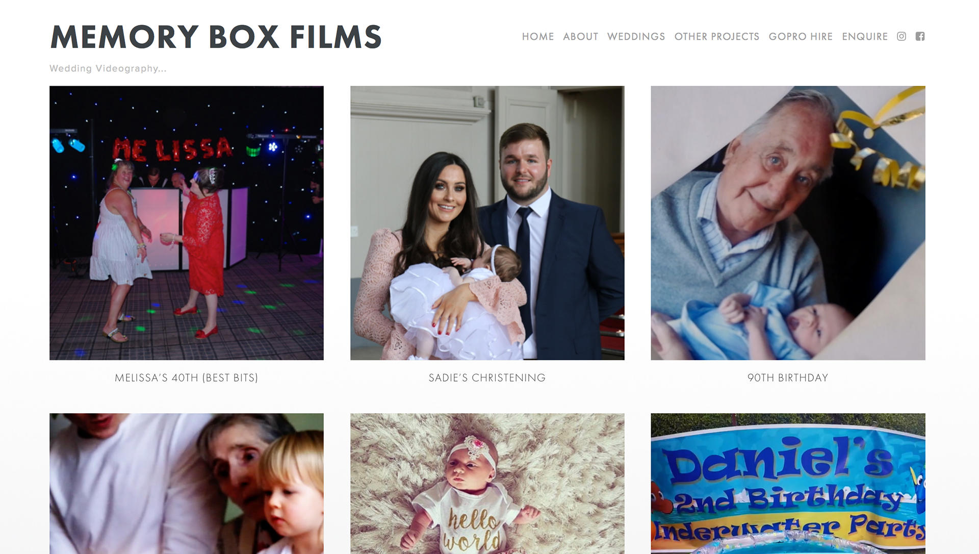 The special occasion gallery page where each image can be clicked on to reveal a page with the project video and description.