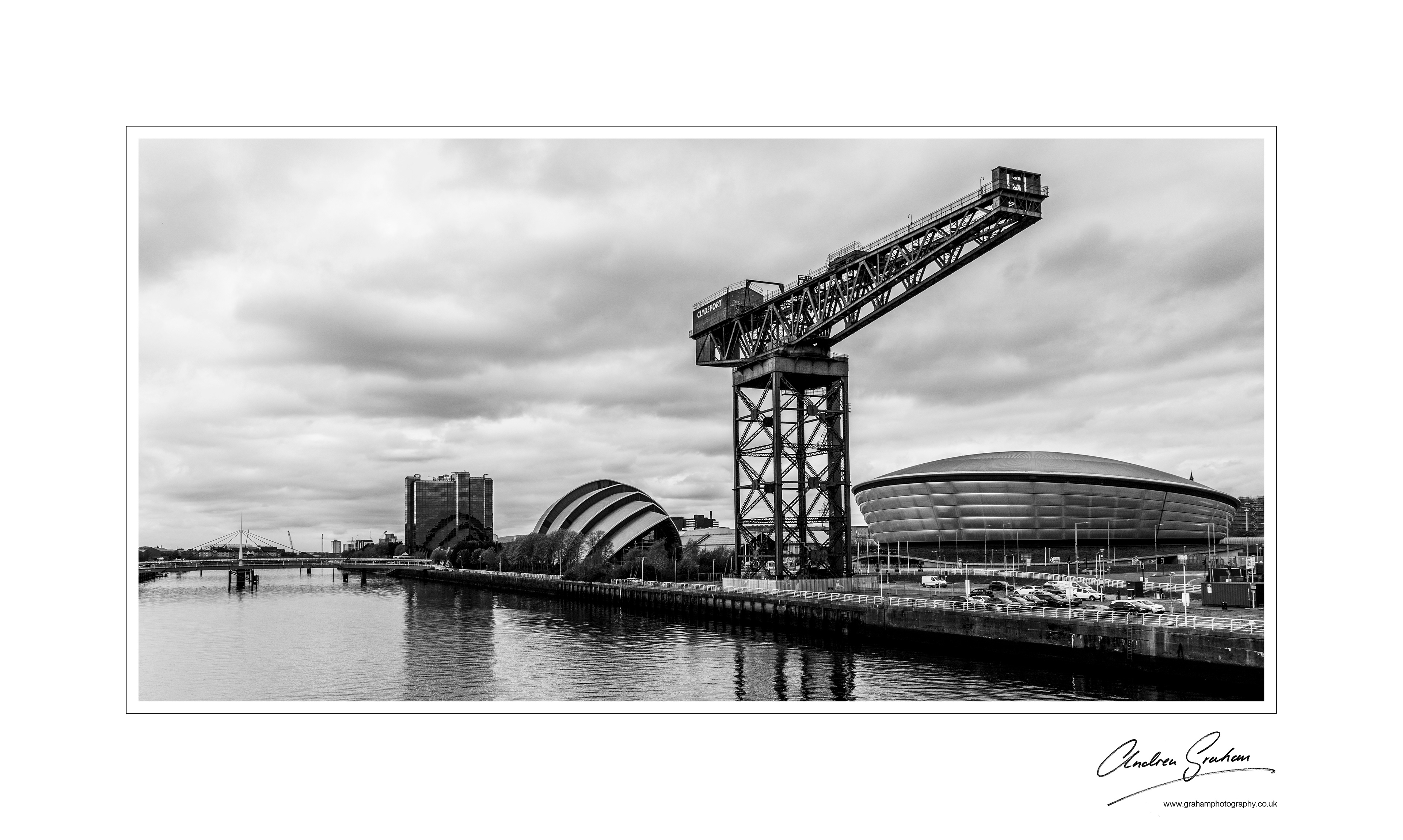 The Finnieston Crane, OVO Hydro and "Armadillo", from the Clyde Arc ("Squinty Bridge"), Glasgow