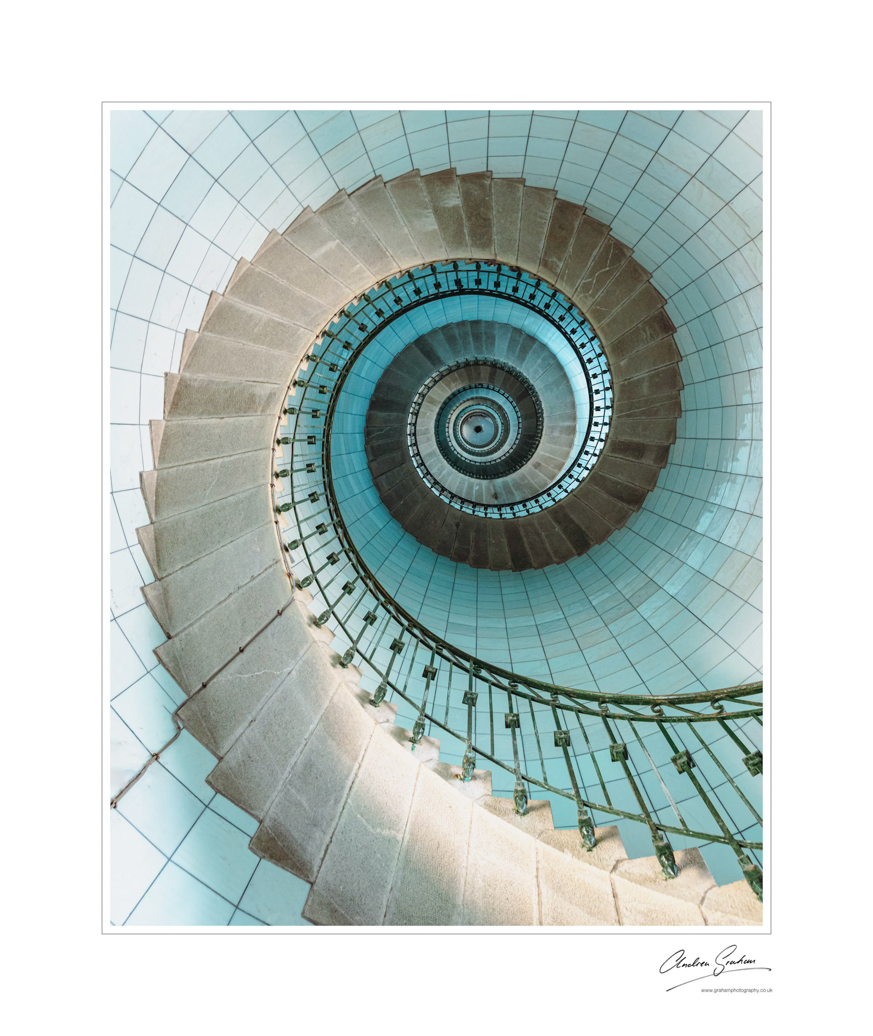 The stunning duck egg blue spiral staircase of Ile Vierge, Plouguerneau - the tallest lighthouse in Europe