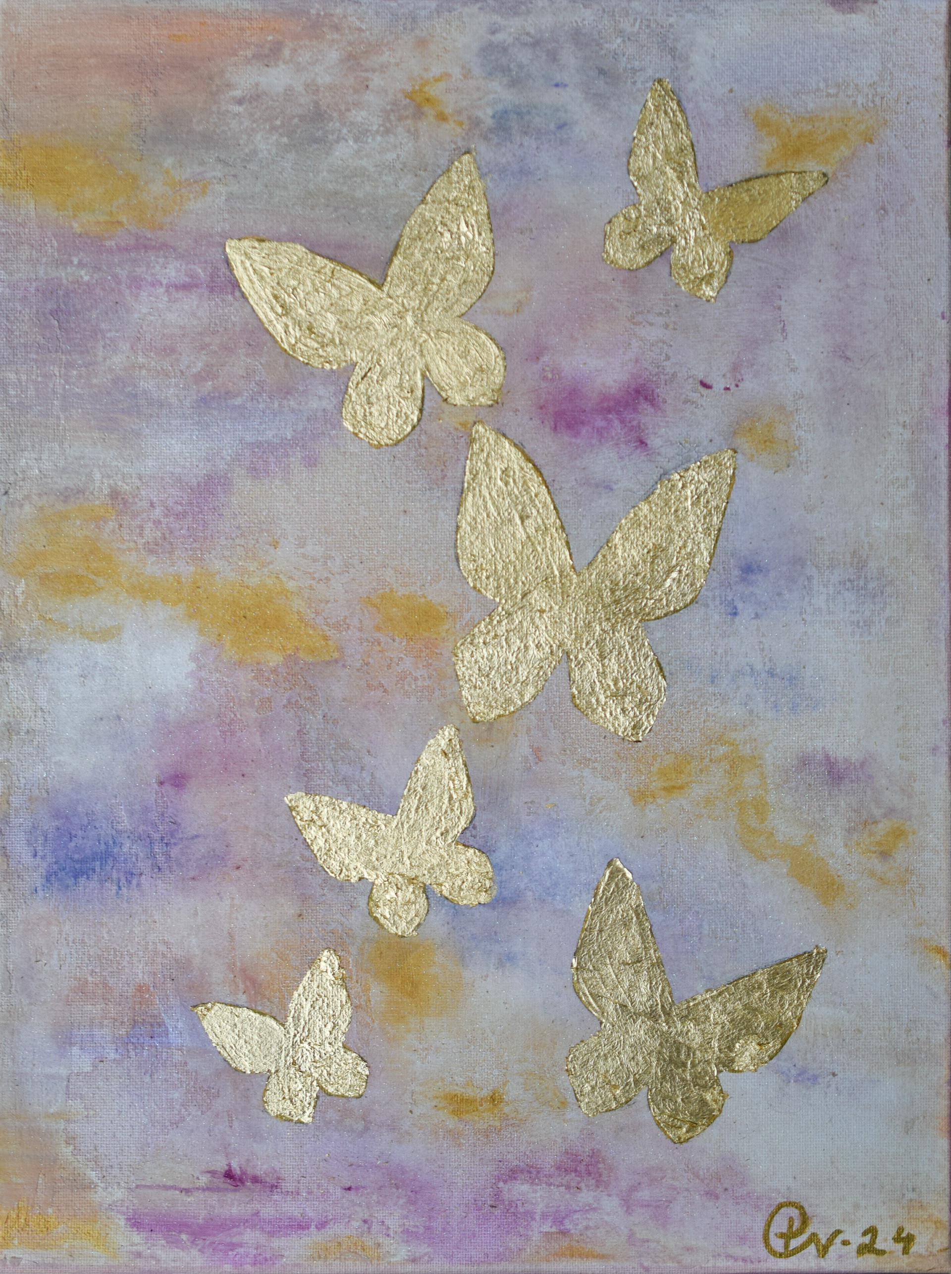 Dance of the butterfly (2024) 40x30 cm Hinta: 55€ Lyhyt kuvaus: Abstraktilla pohjalla tehty lehtikulta perhoset maalaus väreinä: pinkki,valkoinen,kulta, violetti. Taulussa on käytetty tekstuuria ja helmiäismaalia tuomaan kauniita yksityiskohtia sekä viimeistelty lehtikulta perhosilla. Suojattu Vernissalla. Reunat viimeistelty ja ripustusvalmis. Kaikissa töissäni on tyytyväisyys/sovitus takuu. Lisäkuvia lähetän mielelläni. Taulu voidaan postittaa.