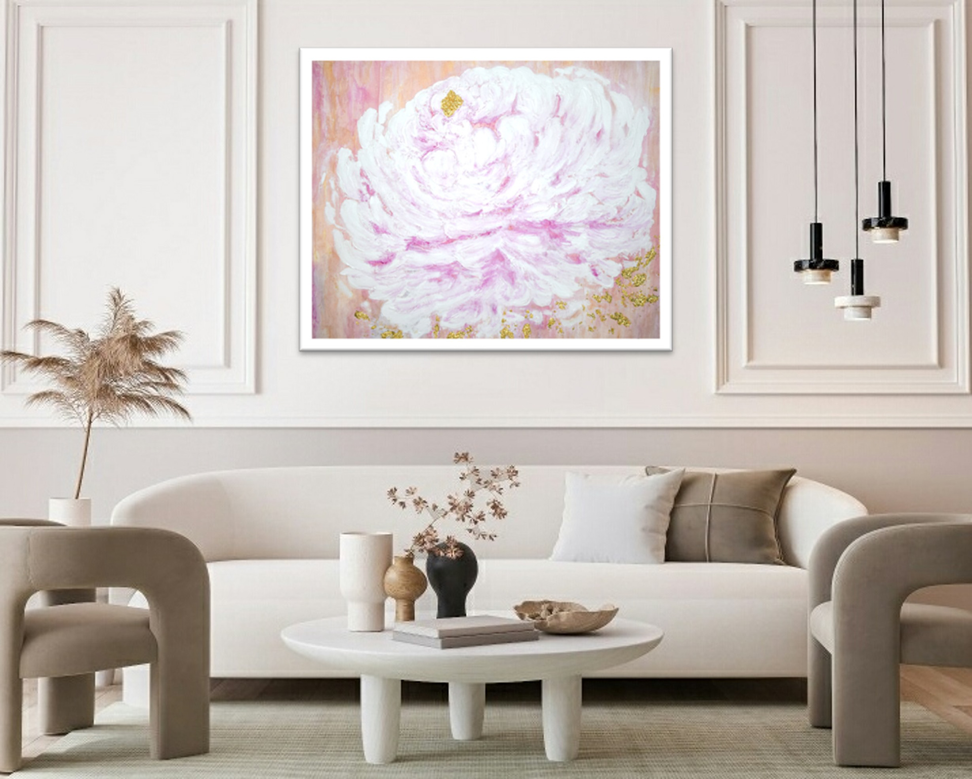 For the love of Peonies (2025) 80x100 cm Hinta: 220€ Tekstuuri abstrakti Pioni kukkamaalaus väreinä pastelli roosa, valkoinen, okra ja kulta. Taulussa on käytetty lehtikultaa, tuomaan kauniita tekstuurisia kultaisia yksityiskohtia. Lisäksi taulussa on runsaasti kimaltavaa helmiäistä. Myydään ilman kehyksiä. Suojattu Vernissalla. Reunat viimeistelty ja ripustusvalmis. Signeeraus taulun reunassa ja takana. Kaikissa tauluissani on sovitus/ tyytyväisyys takuu.