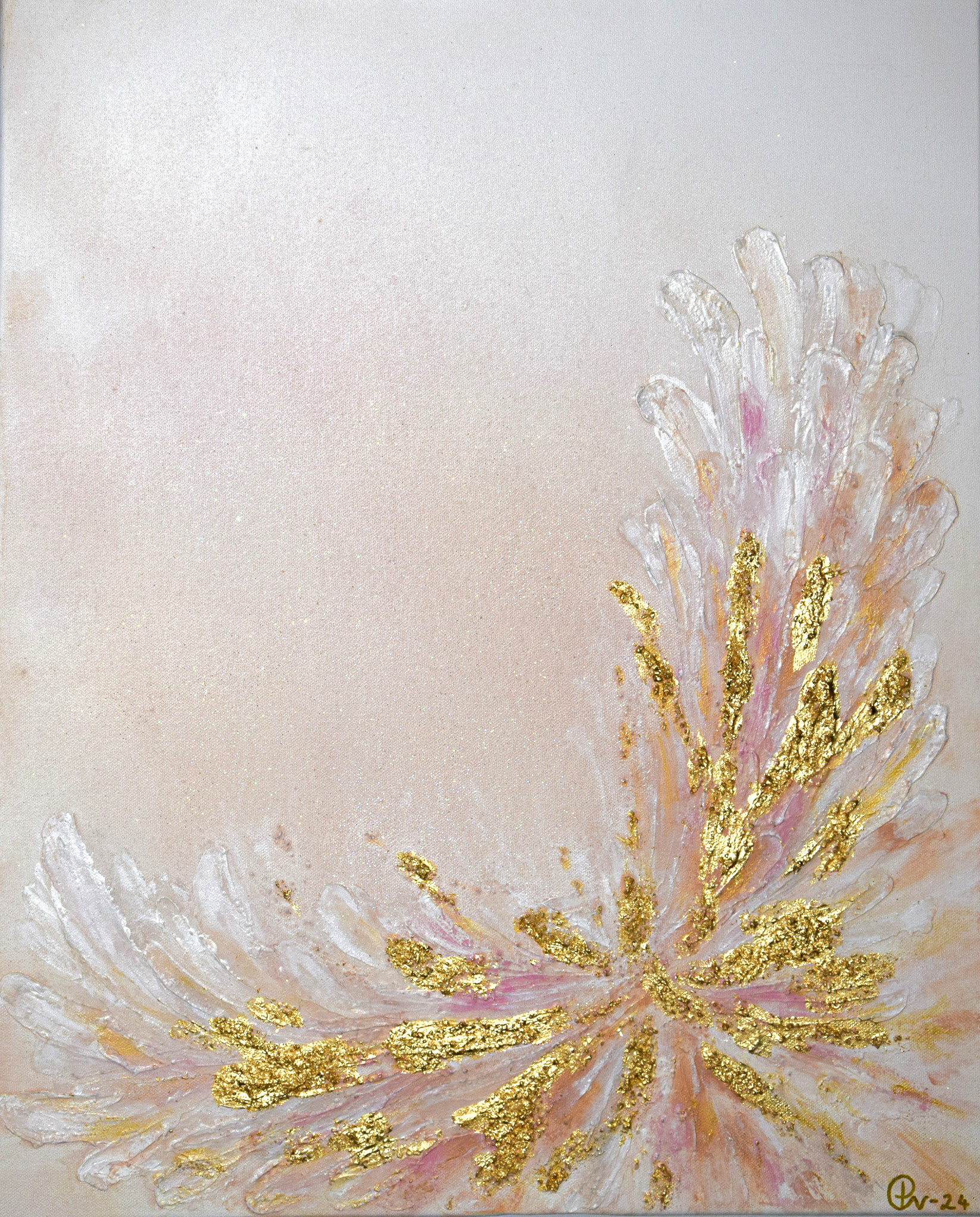 I am Powerful MYYTY (2024) 60x50 cm Hinta: Lyhyt kuvaus: Abstrakti tekstuuri maalaus. Maanläheiset neutraalit värit kuten beige, hiekka, valkoinen, okra ja kulta sekä ripaus roosaa. Koristeltu helmiäismaalilla ja lehtikullalla. Suojattu Vernissalla. Reunat viimeistelty ja ripustusvalmis. Singeeraus on takana