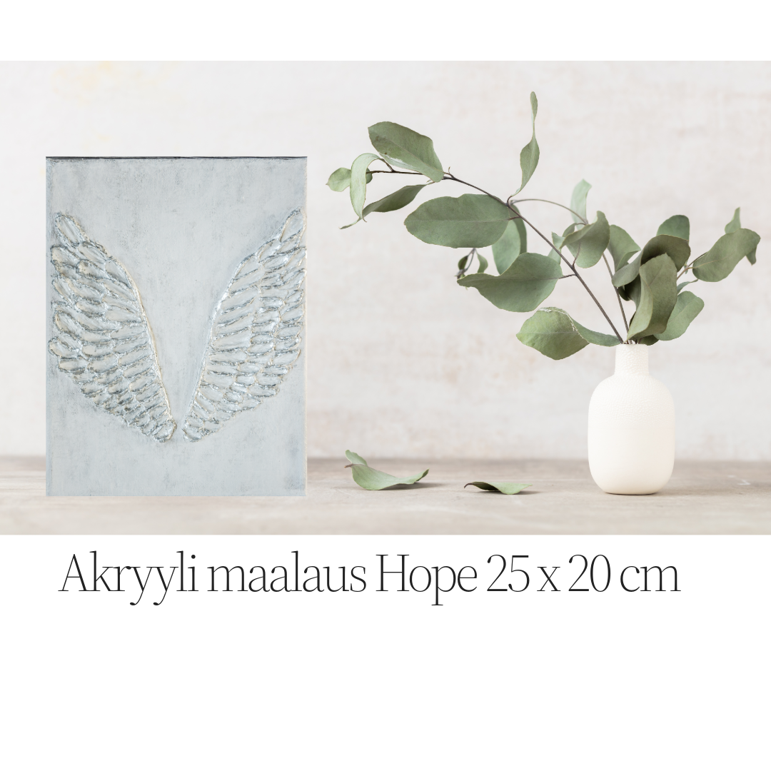 Hope (2025) 25x20 cm Hinta 50€ Lyhyt kuvaus: Tekstuuri/veistos akryylimaalaus, siivet kohoavat maalauksen pinnasta, tehty kierrätyspohjaan. Reunat viimeistelty ja ripustusvalmis. Viimeistelty lehtihopealla. Kaikissa tauluissani on sovitus/tyytyväisyys takuu. Voidaan lähettää postitse.