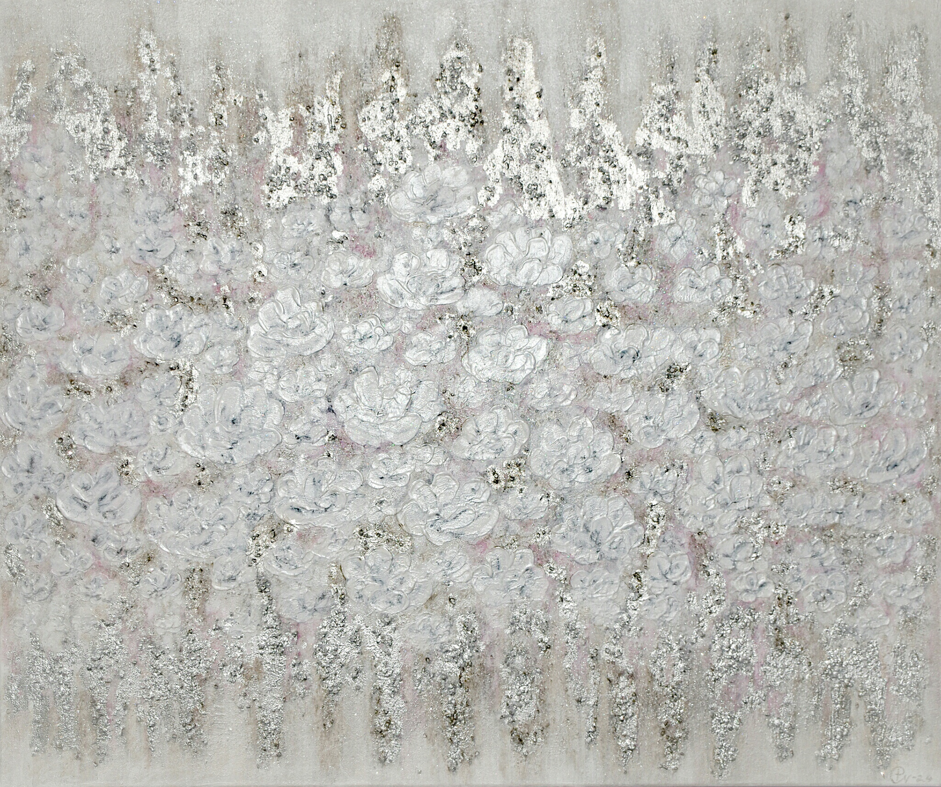 Diamond Flowers II MYYTY (2024) 120x100 cm Hinta:350€ Lyhyt kuvaus: Tekstuuri kukkamaalaus väreinä harmaa, valkoinen,hopea ja haalea roosa. Taulussa on käytetty tekstuuria kukkien kohdalla ja hopeista helmiäismaalia sekä paljon lehtihopeaa struktuurin kanssa, tuomaan kauniita yksityiskohtia. Suojattu Vernissalla. Reunat viimeistelty ja ripustusvalmis. Kaikissa töissäni on tyytyväisyys/sovitus takuu. Lisäkuvia lähetän mielelläni. Taulu voidaan postittaa.
