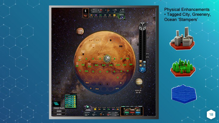 The Gameboard has the ability to 'read' physical objects, so I conceived these 'stampers' that would allow players to place digital cities, forests, and oceans.