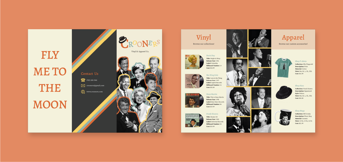 Brochure with 6 panels, including a cover, contact, quote, vinyl, gallery, and apparel panel.