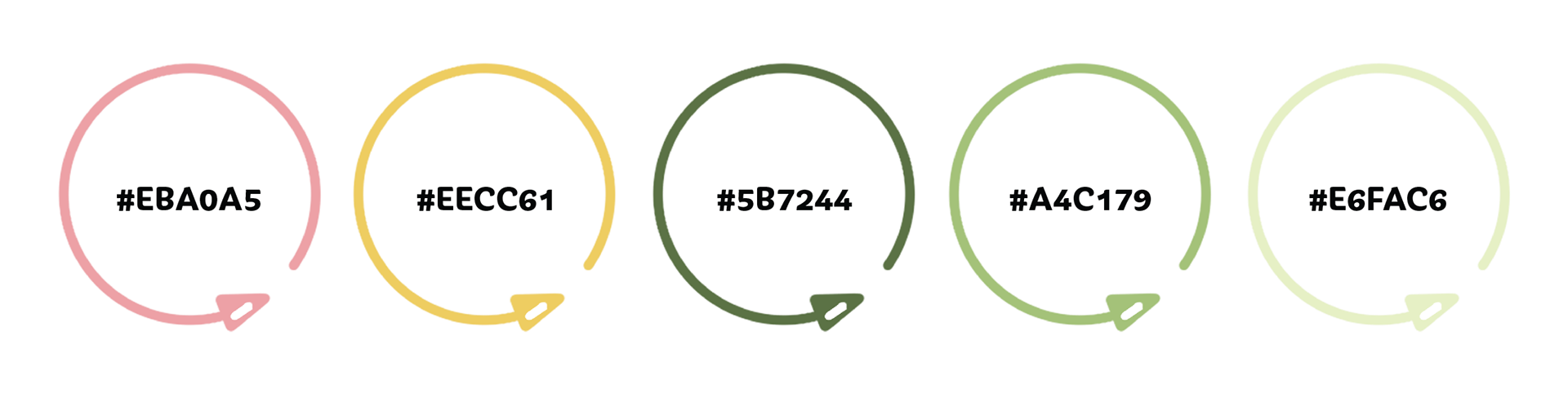 Hex codes for the five brand colors pink, yellow, and light, medium, and dark green.