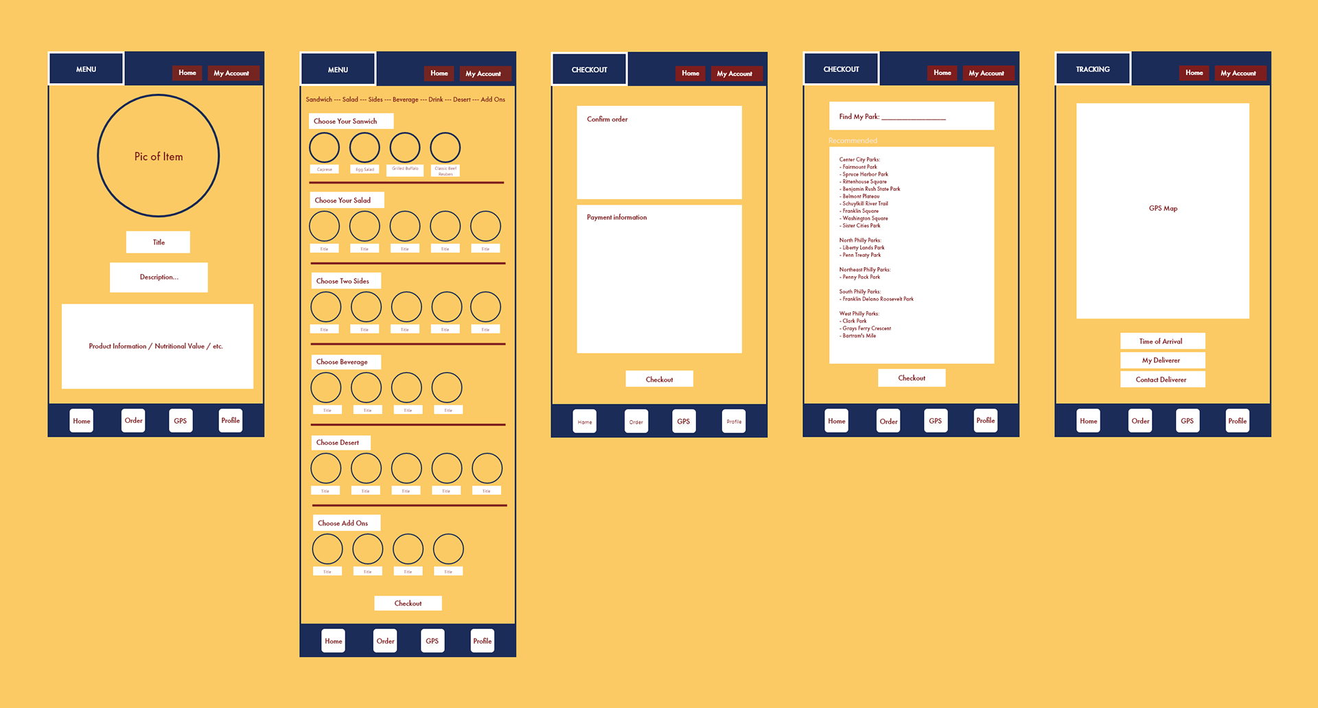 Wireframing for the menu, checkout, and tracking page.