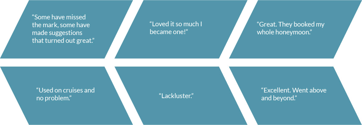 Quotes stating both positive and negative experiences using a travel agent.
