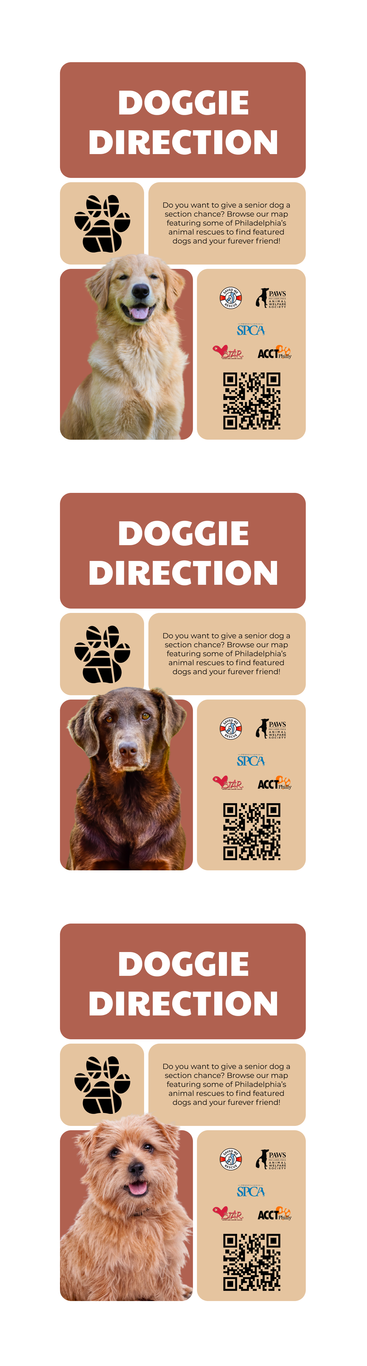 3 Posters, with different types of dogs, the logo, various Philly shelter logos, and a QR code in the bottom right.